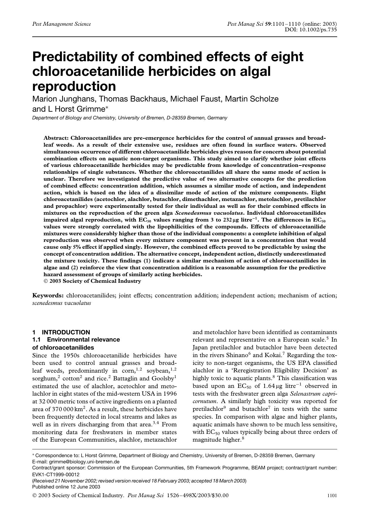 Predictability of combined effects of eight chloroacetanilide herbicides on algal reproduction by Unknown