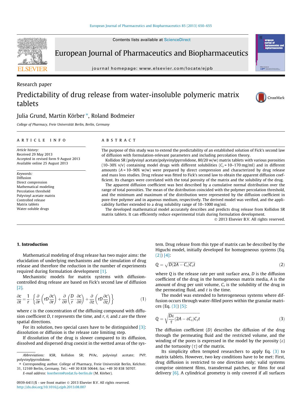 Predictability of drug release from water-insoluble polymeric matrix tablets by Julia Grund & Martin Körber & Roland Bodmeier