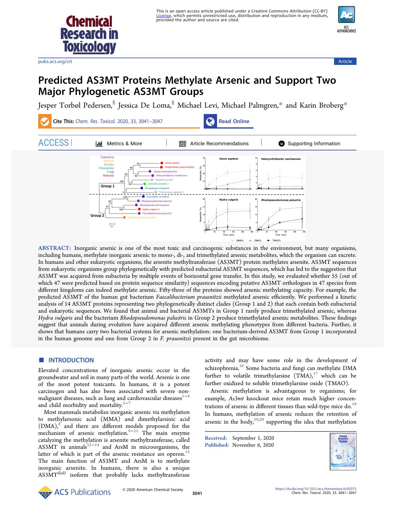 Predicted AS3MT Proteins Methylate Arsenic and Support Two Major Phylogenetic AS3MT Groups by Jesper Torbøl Pedersen Jessica De Loma Michael Levi Michael Palmgren and Karin Broberg