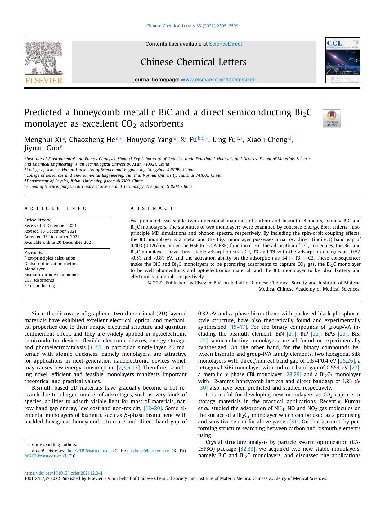 Predicted a honeycomb metallic BiC and a direct semiconducting Bi2C monolayer as excellent CO2 adsorbents by Menghui Xi & Chaozheng He & Houyong Yang & Xi Fu & Ling Fu & Xiaoli Cheng & Jiyuan Guo