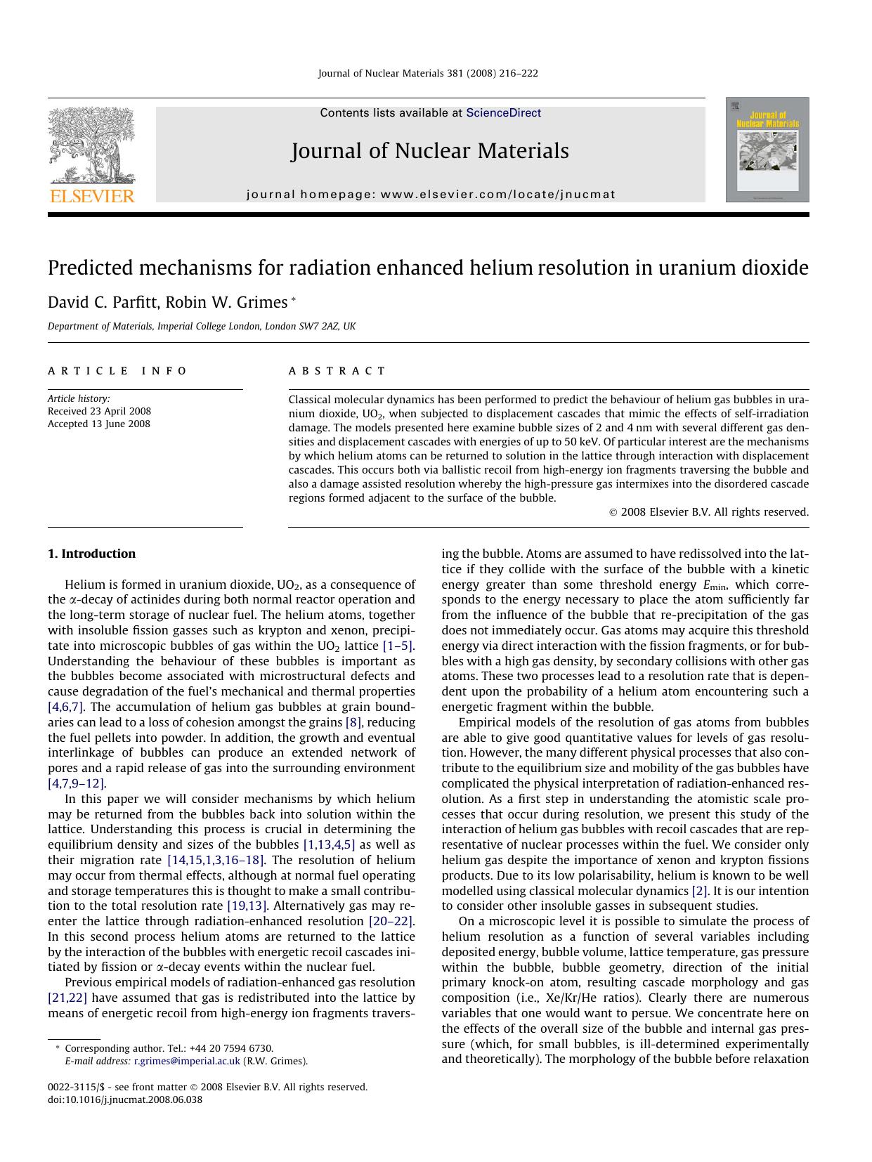 Predicted mechanisms for radiation enhanced helium resolution in uranium dioxide by David C. Parfitt; Robin W. Grimes