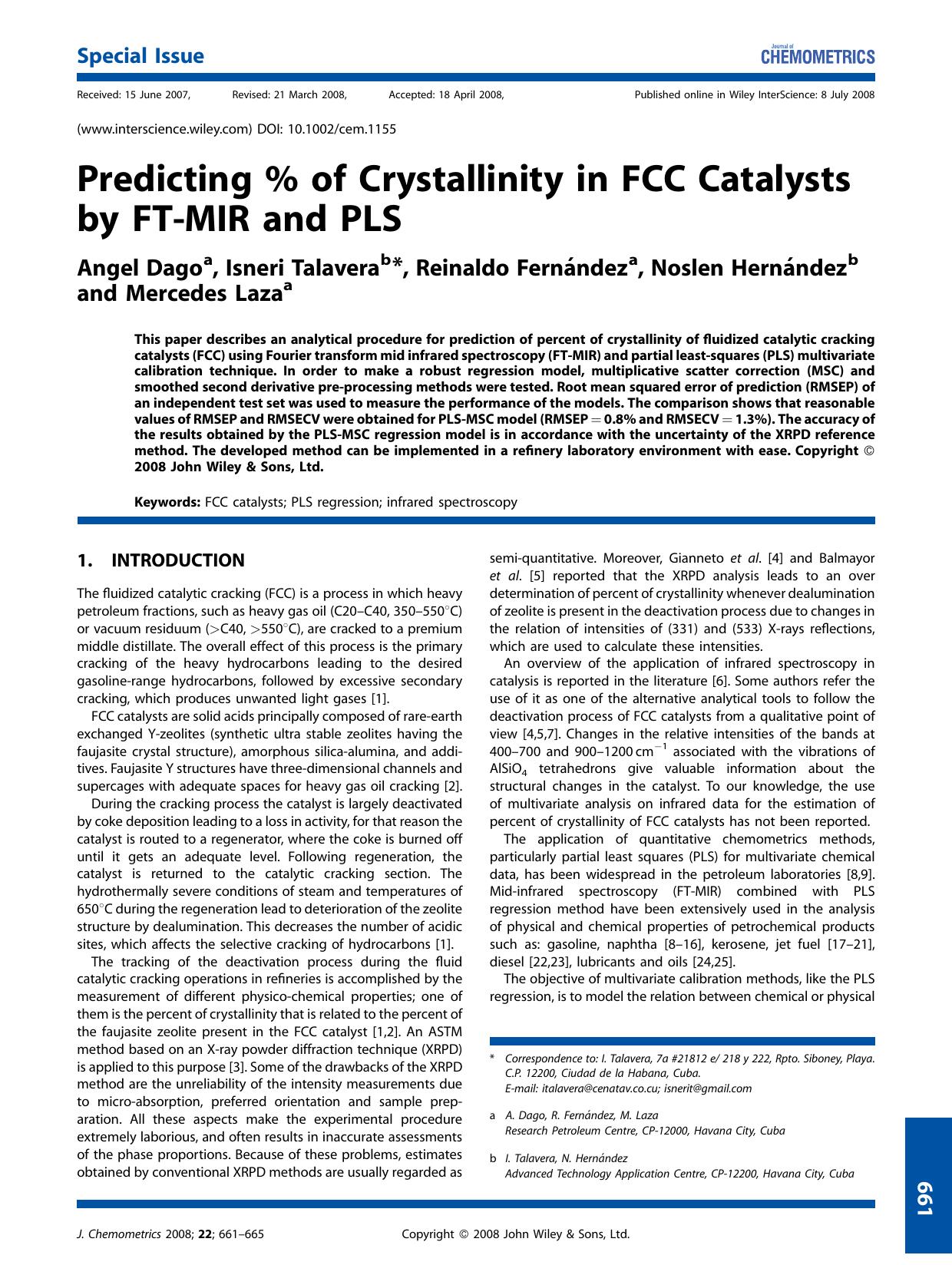 Predicting [percnt] of crystallinity in FCC catalysts by FT-MIR and PLS by Unknown
