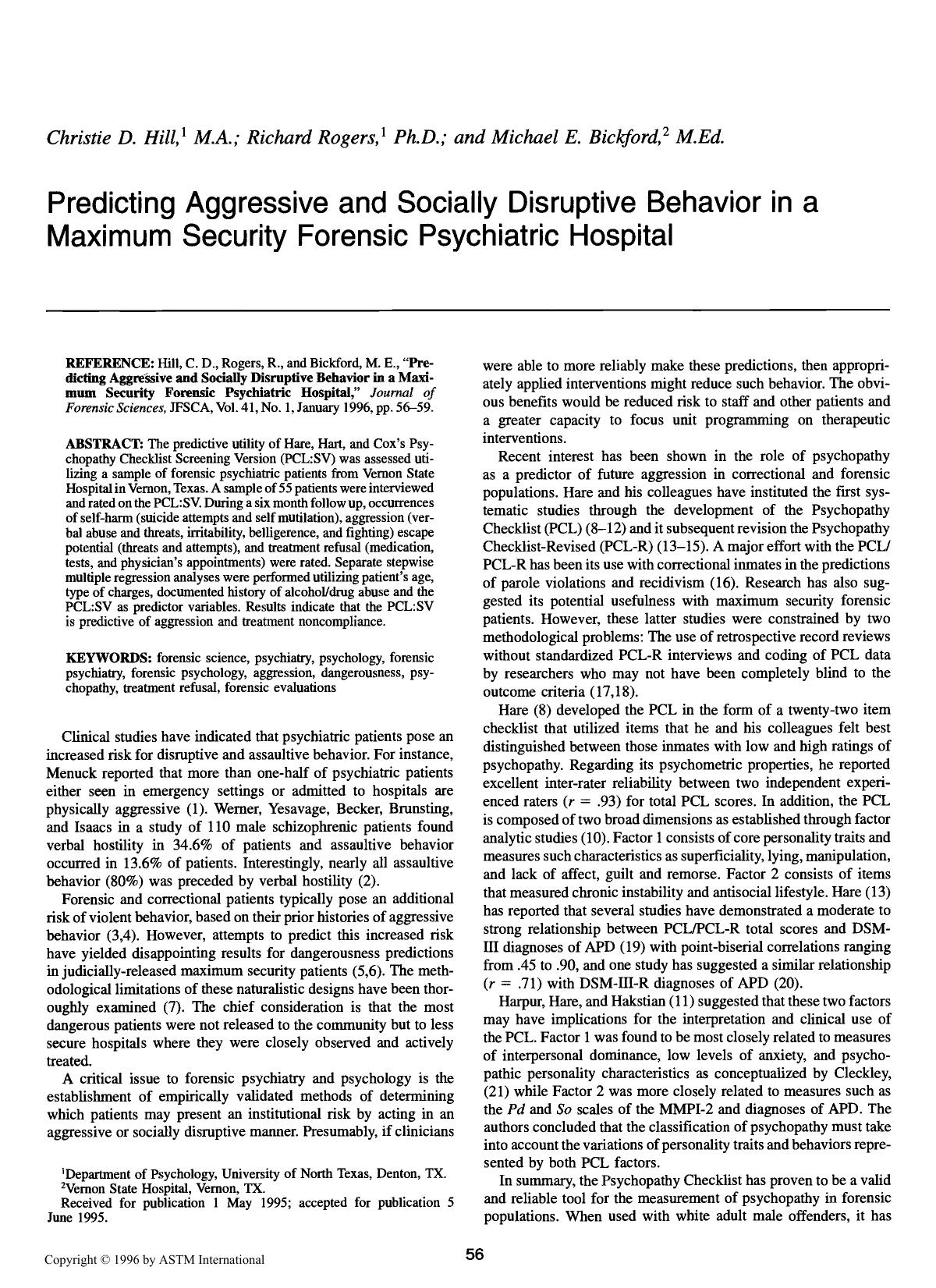 Predicting Aggressive and Socially Disruptive Behavior in a Maximum Security Forensic Psychiatric Hospital by Hill CD Rogers R Bickford ME