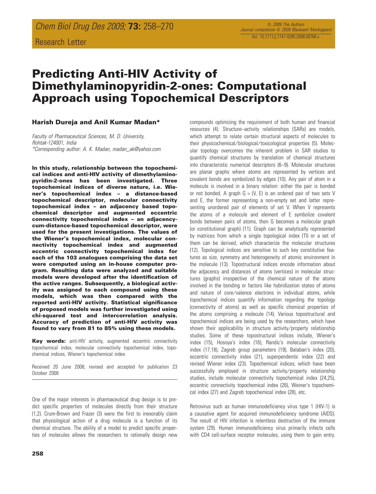 Predicting Anti-HIV Activity of Dimethylaminopyridin-2-ones: Computational Approach using Topochemical Descriptors by unknow