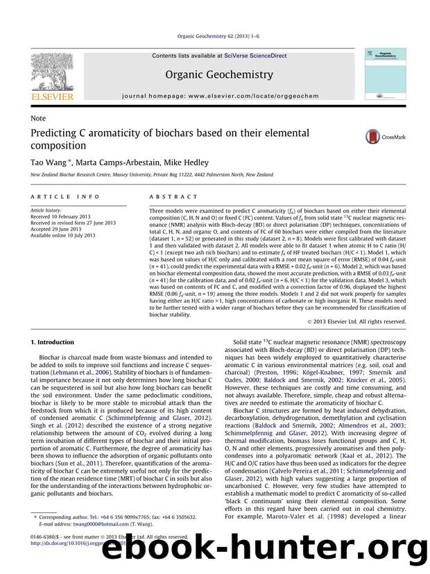 Predicting C aromaticity of biochars based on their elemental composition by Tao Wang & Marta Camps-Arbestain & Mike Hedley