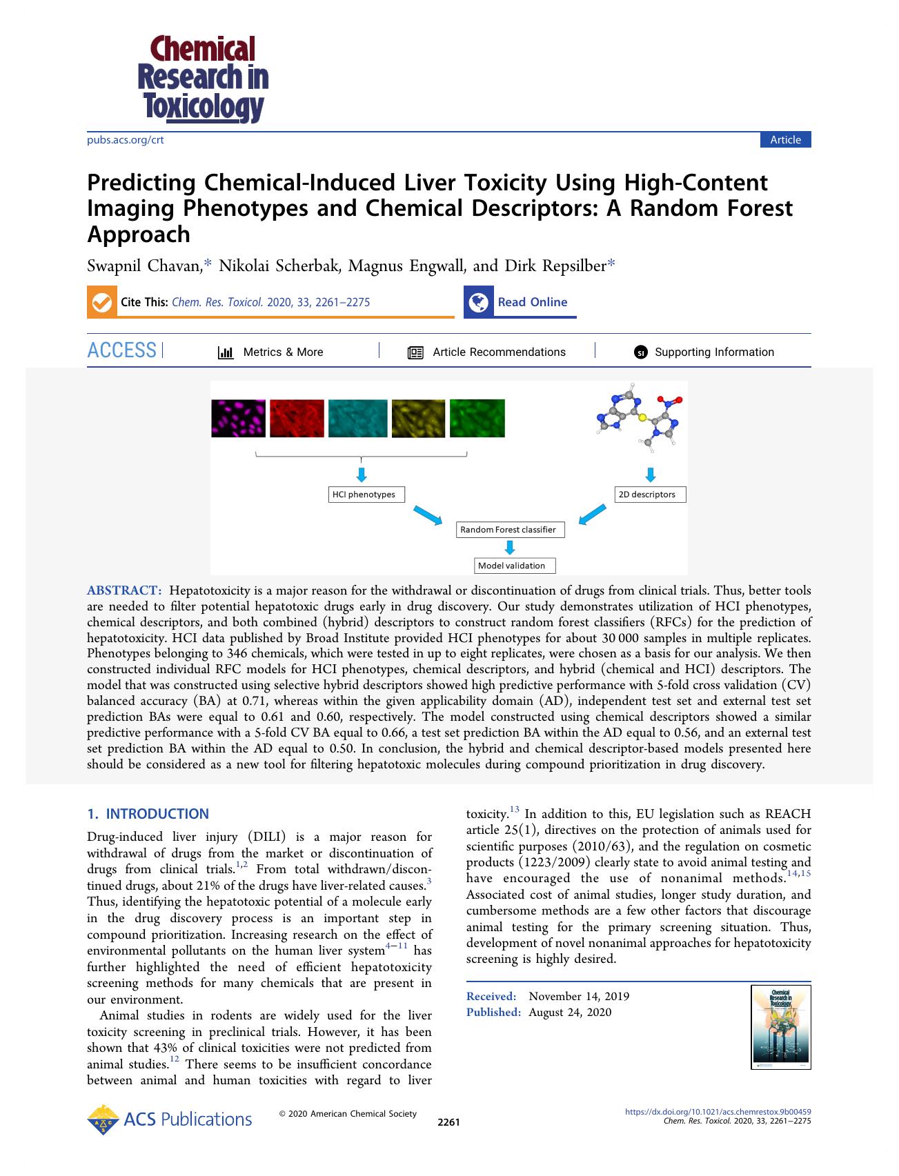 Predicting Chemical-Induced Liver Toxicity Using High-Content Imaging Phenotypes and Chemical Descriptors: A Random Forest Approach by Swapnil Chavan Nikolai Scherbak Magnus Engwall and Dirk Repsilber