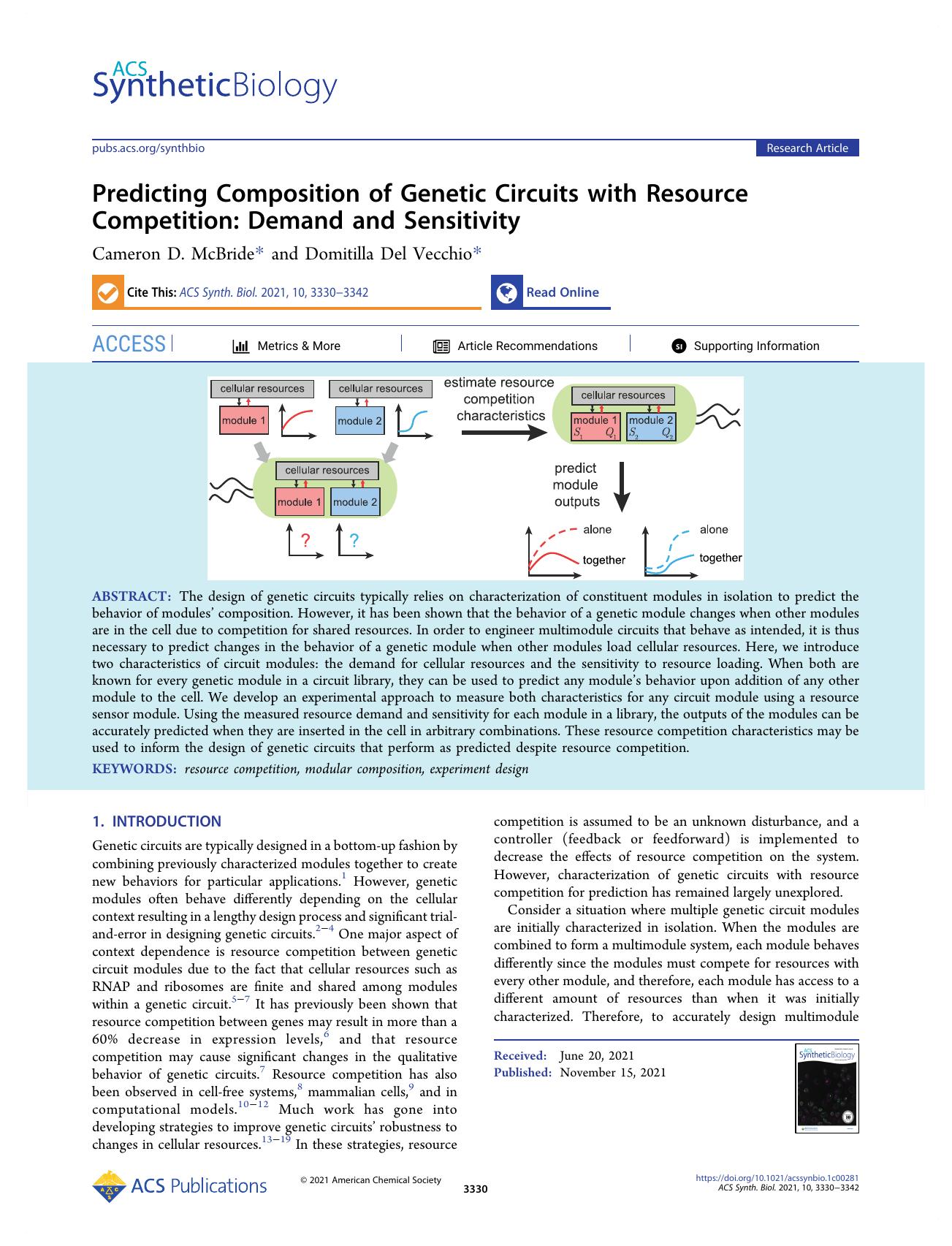 Predicting Composition of Genetic Circuits with Resource Competition: Demand and Sensitivity by Cameron D. McBride and Domitilla Del Vecchio
