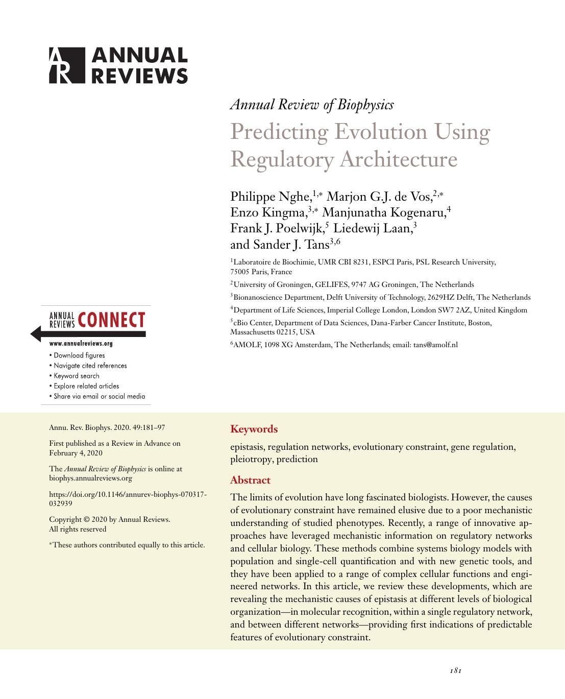 Predicting Evolution Using Regulatory Architecture by unknow