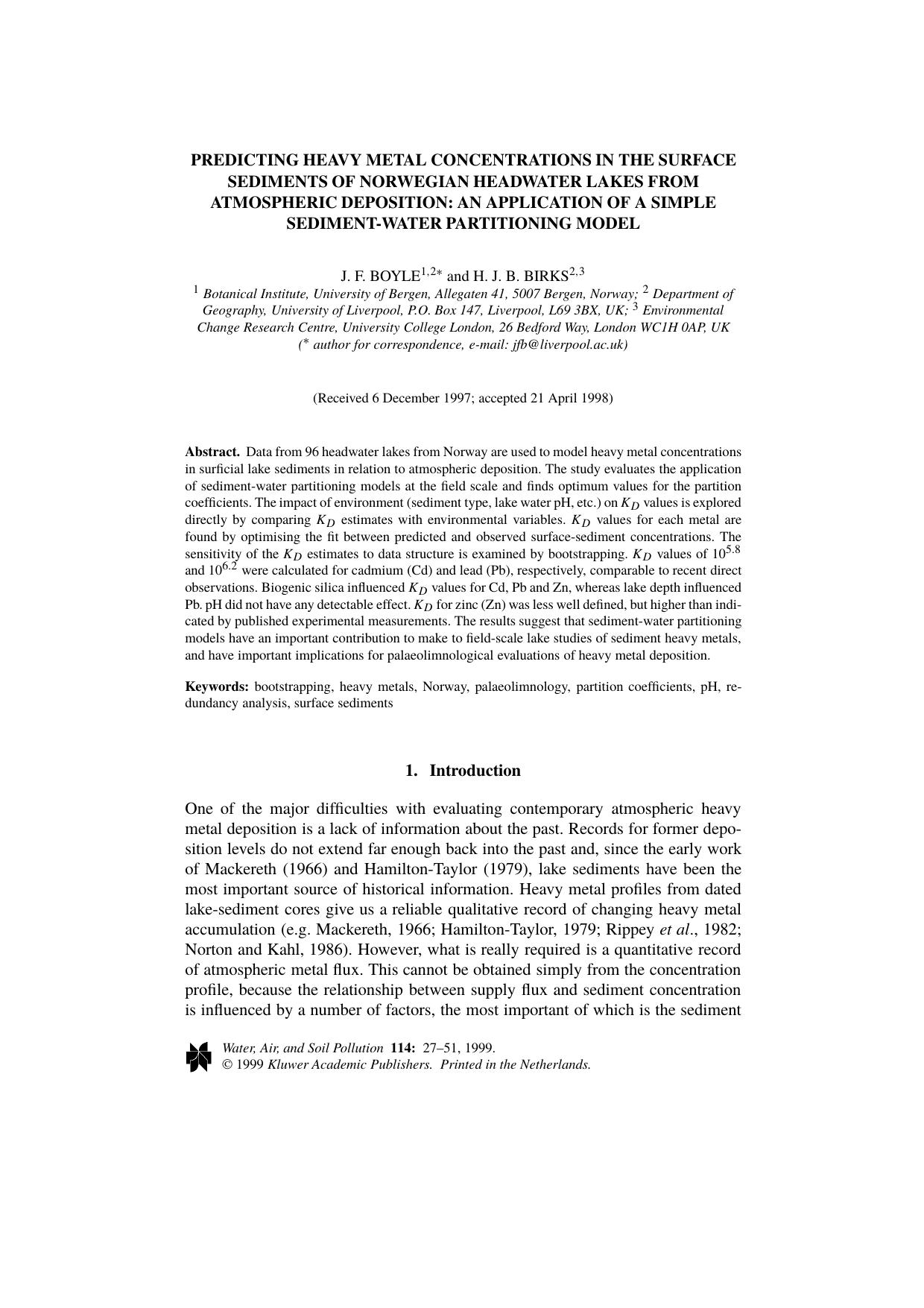 Predicting Heavy Metal Concentrations in the Surface Sediments of Norwegian Headwater Lakes from Atmospheric Deposition: An Application of a Simple Sediment-Water Partitioning Model by Unknown