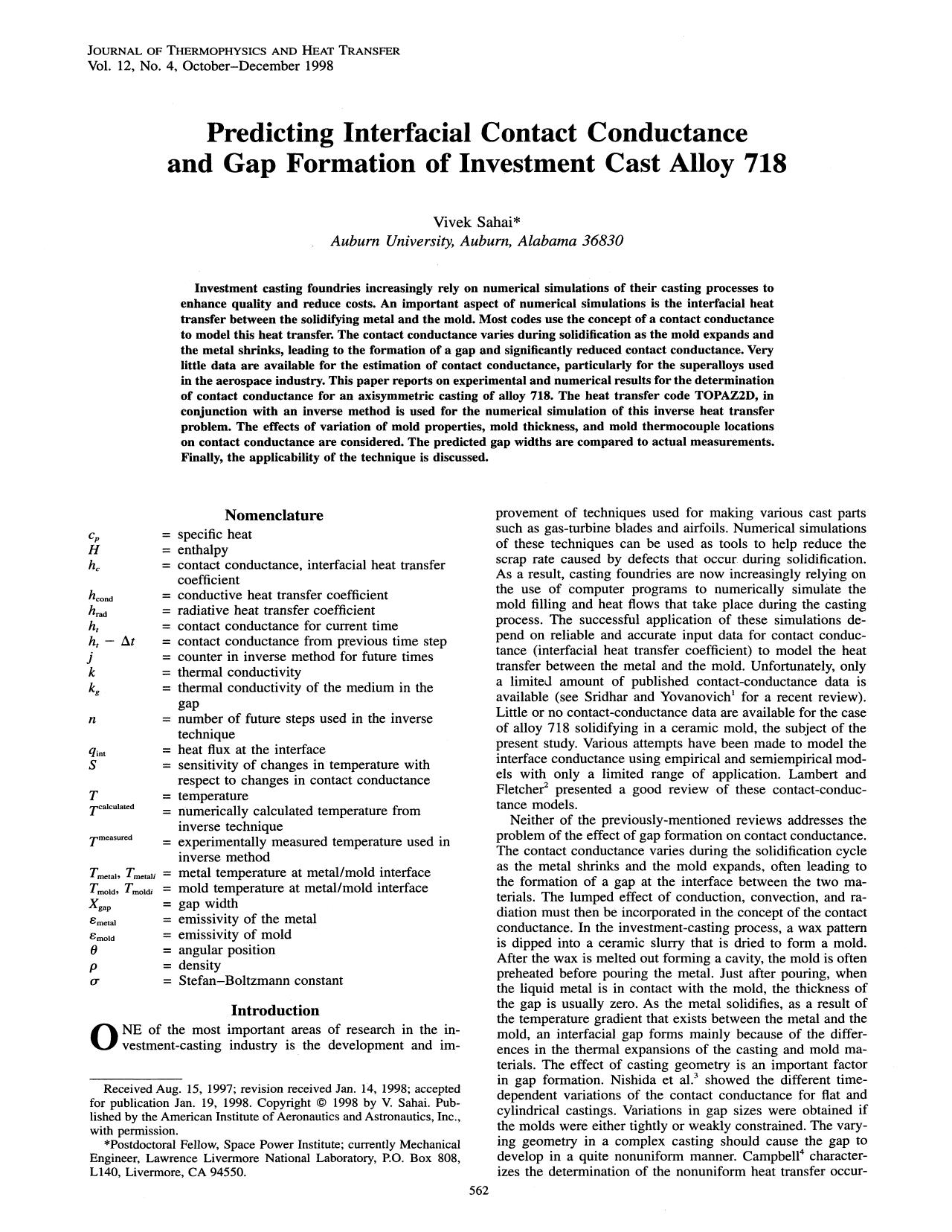 Predicting Interfacial Contact Conductance and Gap Formation of Investment Cast Alloy 718 by Unknown