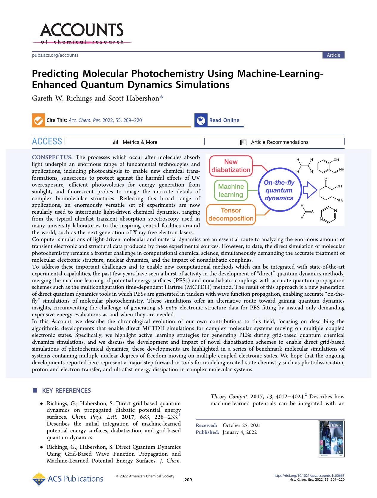 Predicting Molecular Photochemistry Using Machine-Learning-Enhanced Quantum Dynamics Simulations by Gareth W. Richings and Scott Habershon