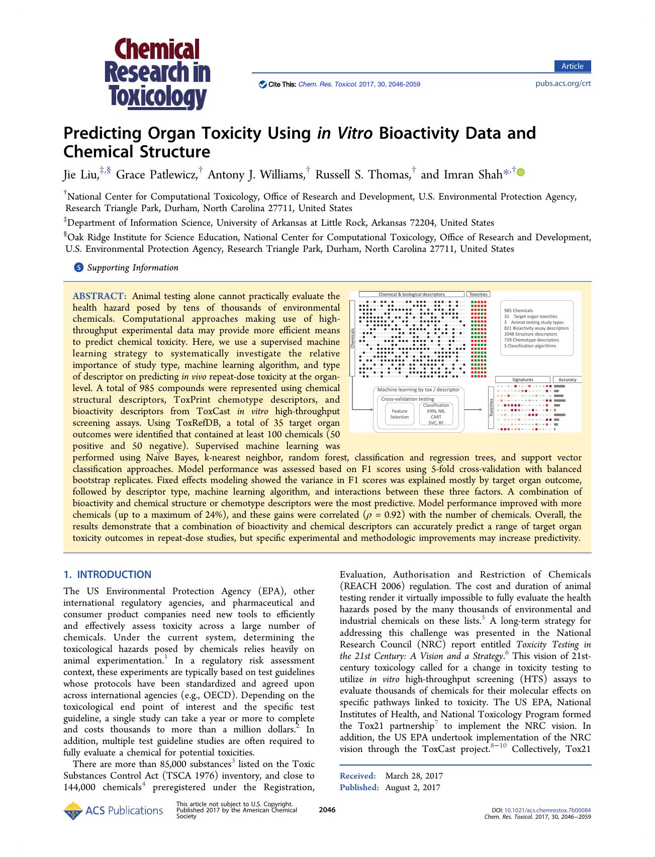 Predicting Organ Toxicity Using in Vitro Bioactivity Data and Chemical Structure by Jie Liu Grace Patlewicz Antony J. Williams Russell S. Thomas and Imran Shah