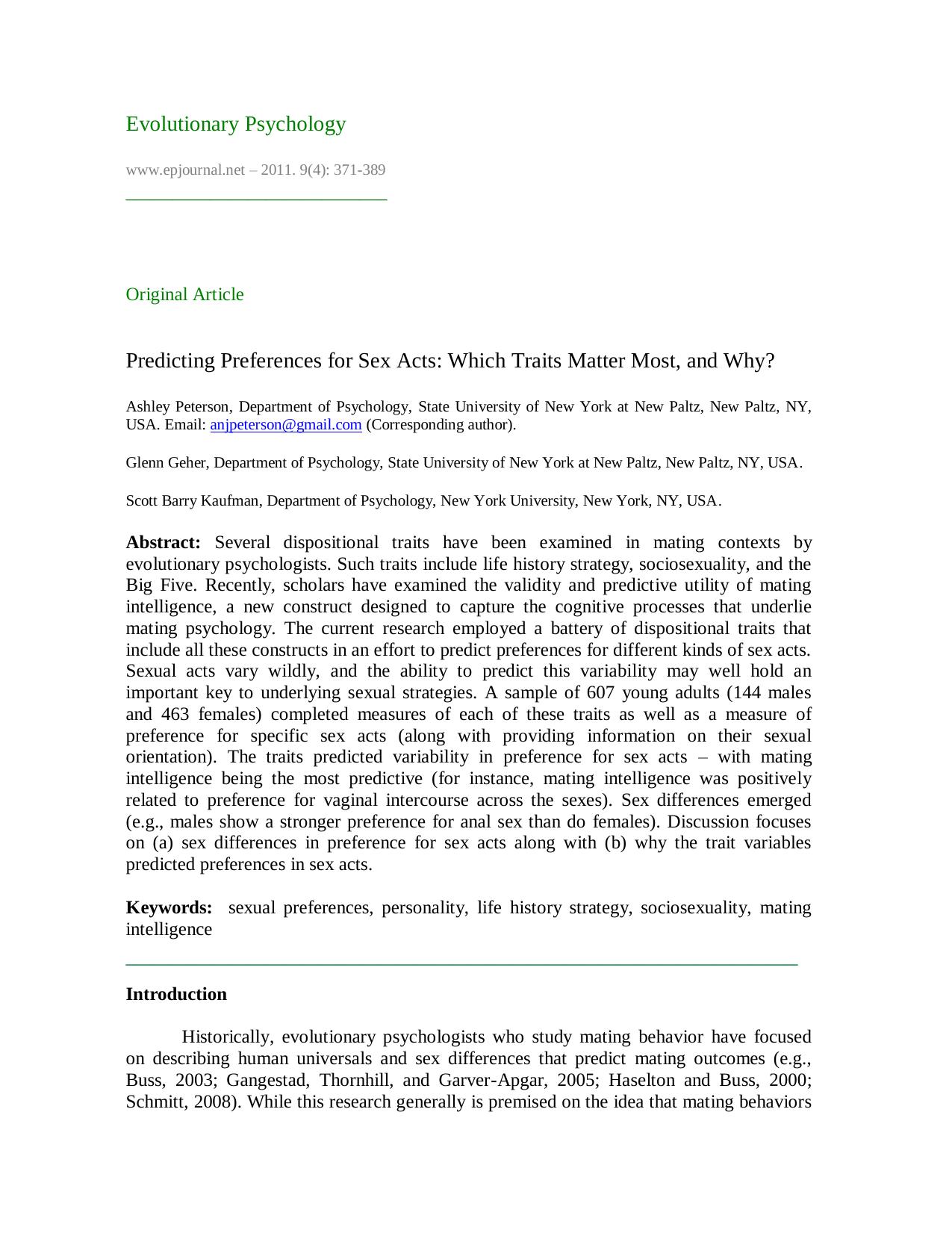 Predicting Preferences for Sex Acts: Which Traits Matter Most, and Why? by Peterson A. Geher G. & Kaufman S.B