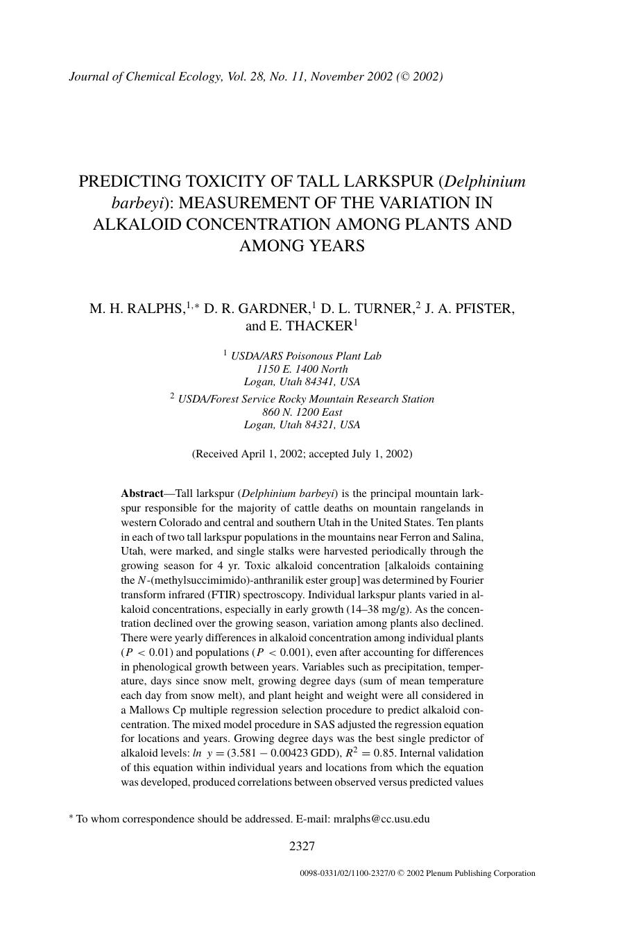 Predicting Toxicity of Tall Larkspur (<Emphasis Type="Italic">Delphinium barbeyi<Emphasis>): Measurement of the Variation in Alkaloid Concentration Among Plants and Among Years by Unknown