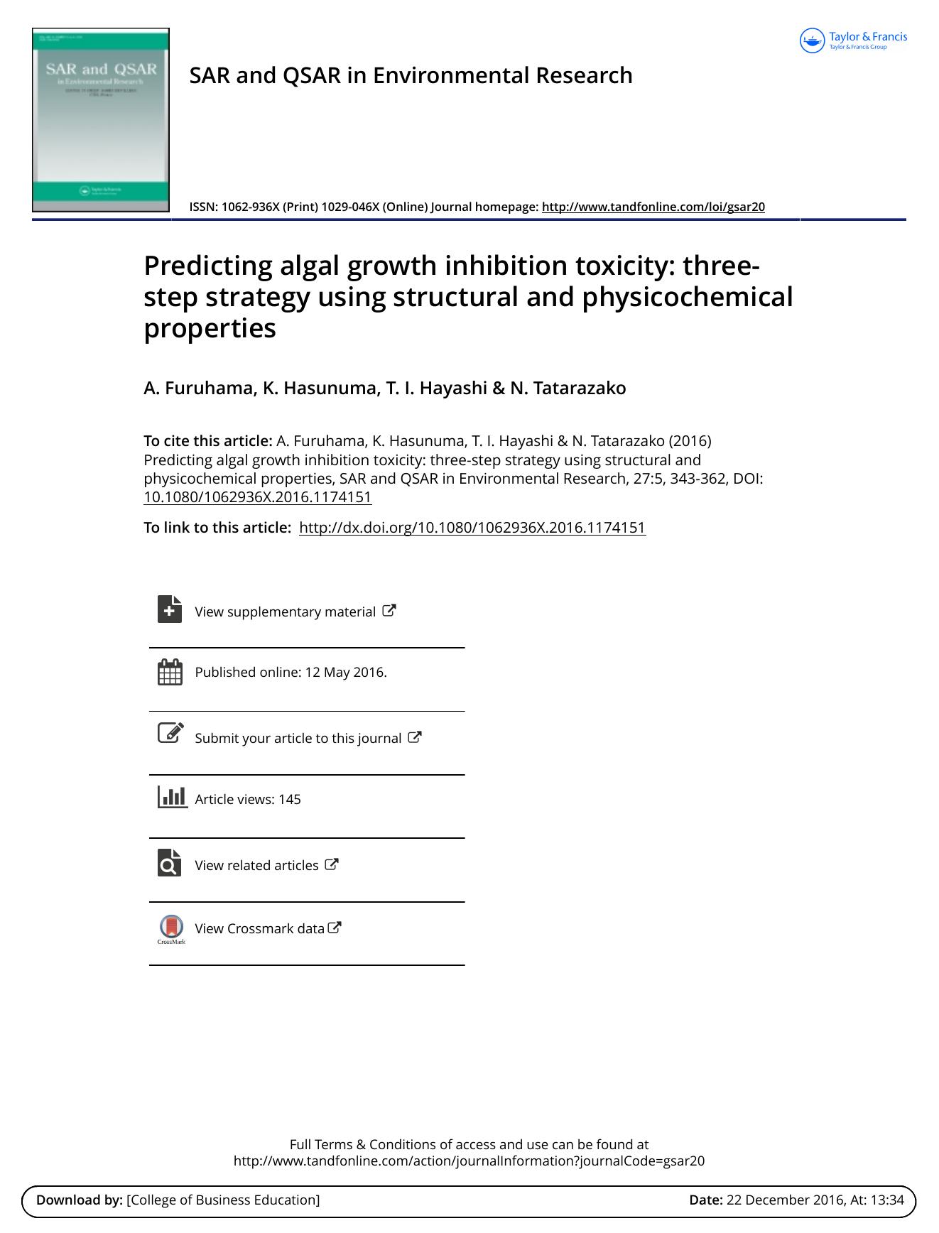 Predicting algal growth inhibition toxicity: three-step strategy using structural and physicochemical properties by A. Furuhama & K. Hasunuma & T. I. Hayashi & N. Tatarazako