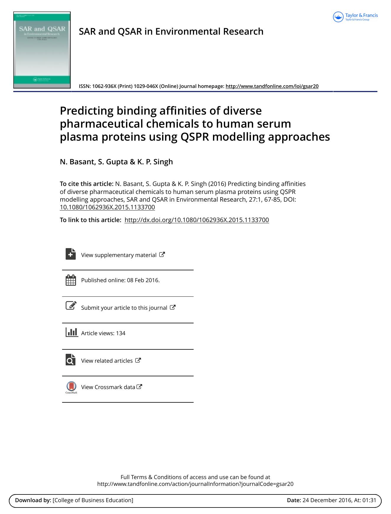 Predicting binding affinities of diverse pharmaceutical chemicals to human serum plasma proteins using QSPR modelling approaches by N. Basant & S. Gupta & K. P. Singh