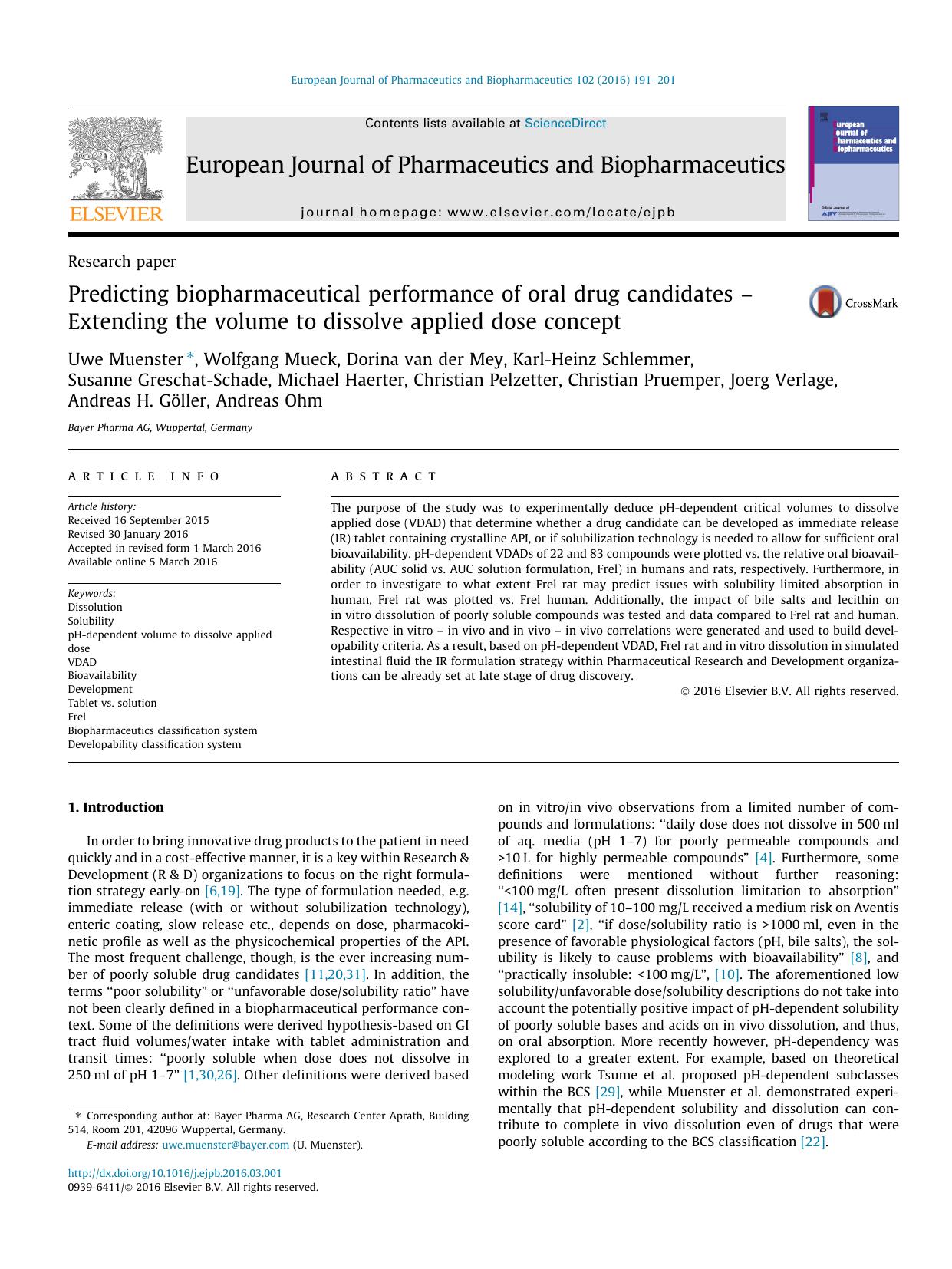 Predicting biopharmaceutical performance of oral drug candidates Ã¢â¬â Extending the volume to dissolve applied dose concept by unknow