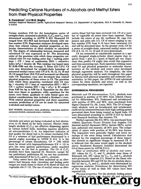 Predicting cetane numbers of n-alcohols and methyl esters from their physical properties by Unknown