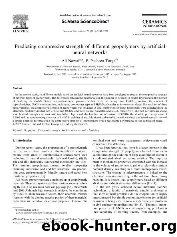 Predicting compressive strength of different geopolymers by artificial neural networks by Ali Nazari & F. Pacheco Torgal