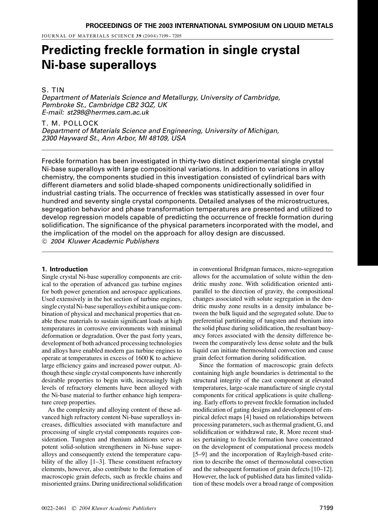 Predicting freckle formation in single crystal Ni-base superalloys by Unknown