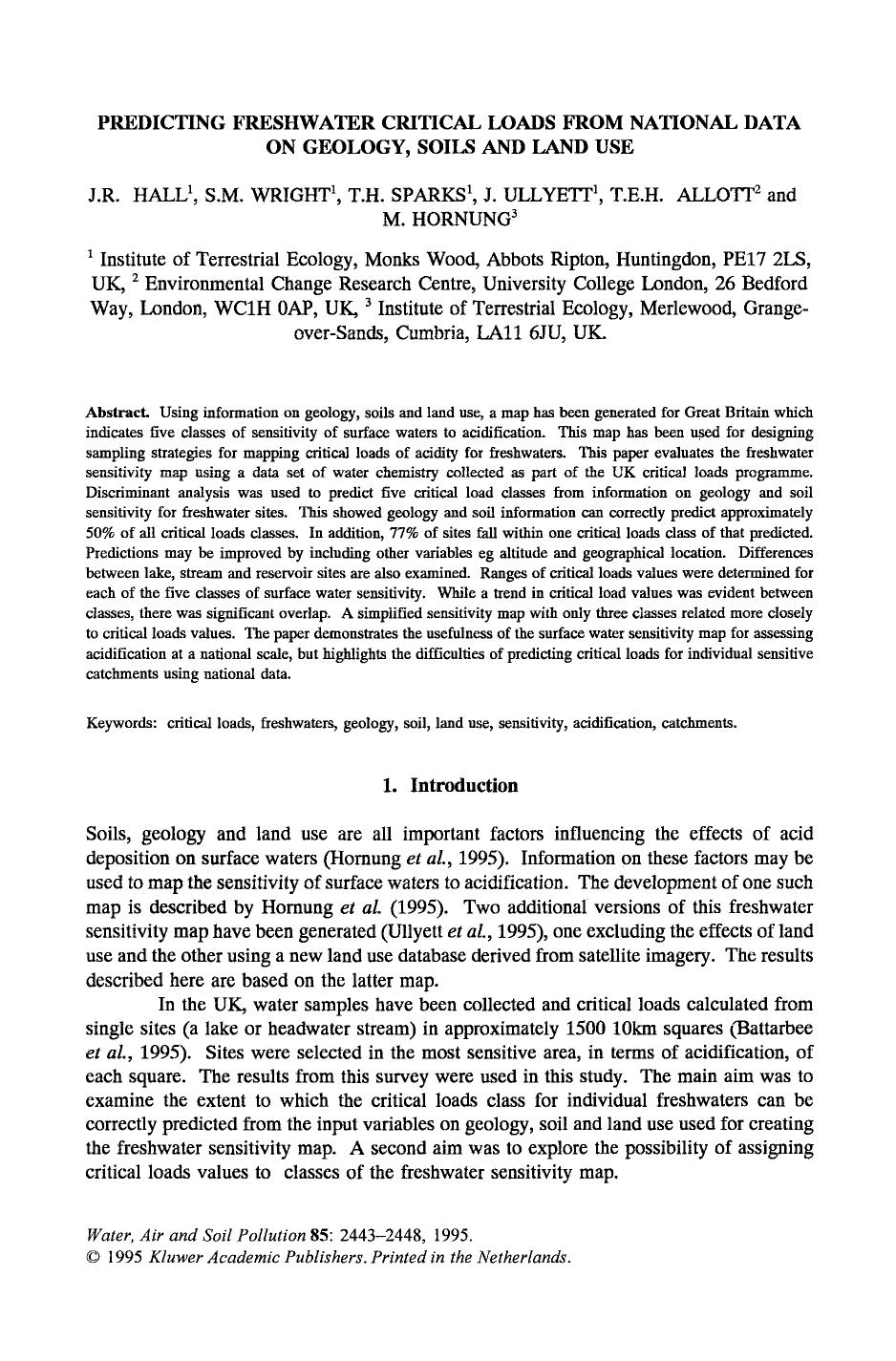 Predicting freshwater critical loads from national data on geology, soils and land use by Unknown