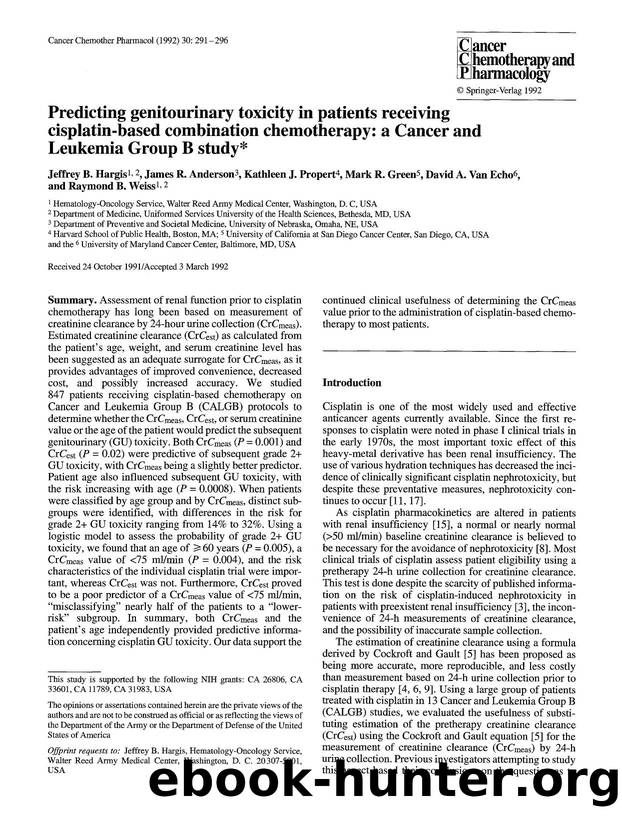 Predicting genitourinary toxicity in patients receiving cisplatin-based combination chemotherapy: a cancer and leukemia group B study by Unknown
