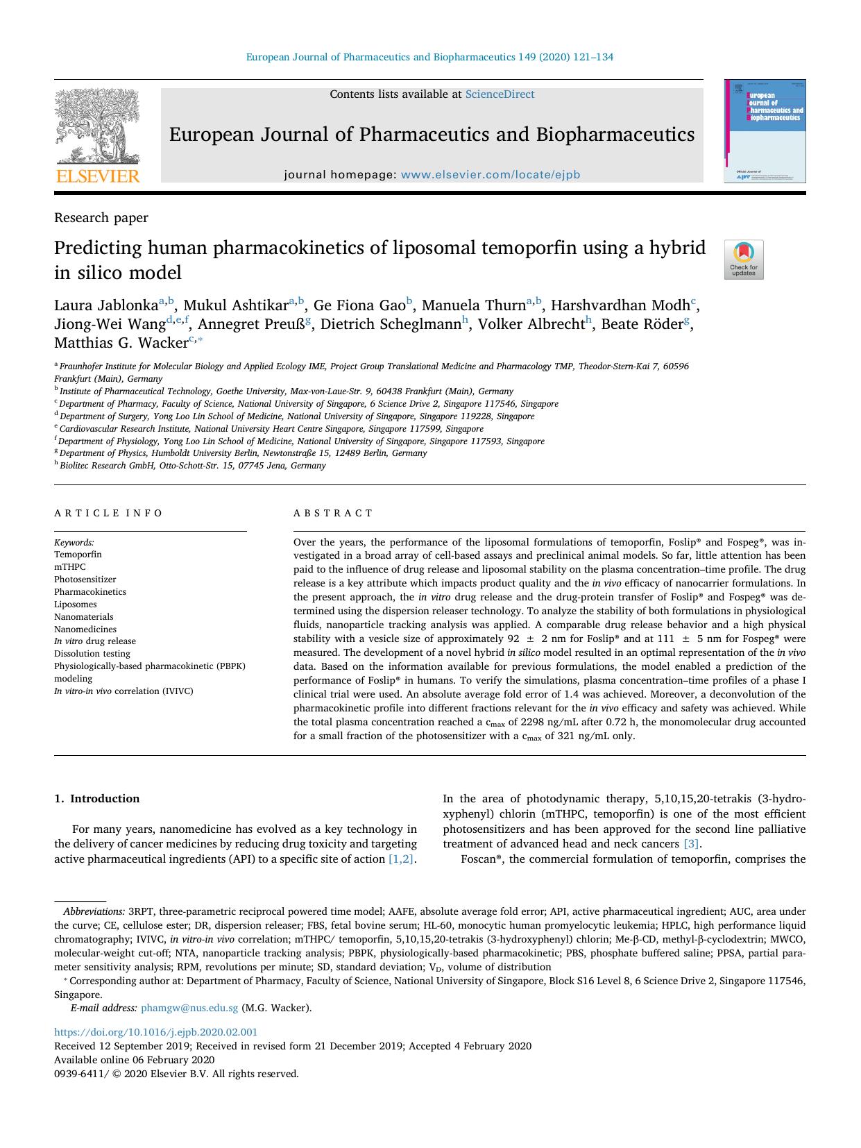 Predicting human pharmacokinetics of liposomal temoporfin using a hybrid in silico model by unknow
