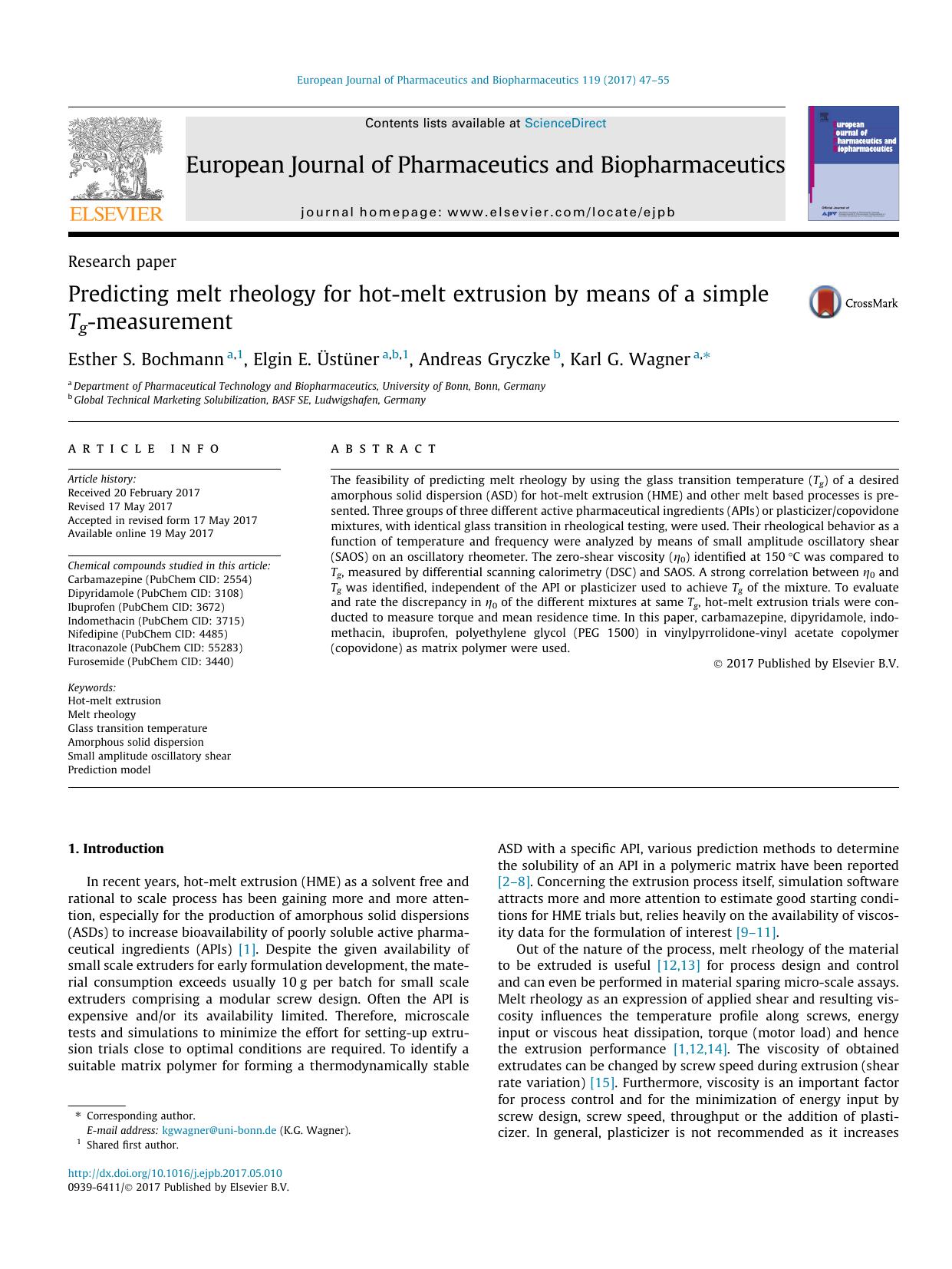 Predicting melt rheology for hot-melt extrusion by means of a simple Tg-measurement by Esther S. Bochmann & Elgin E. Üstüner & Andreas Gryczke & Karl G. Wagner