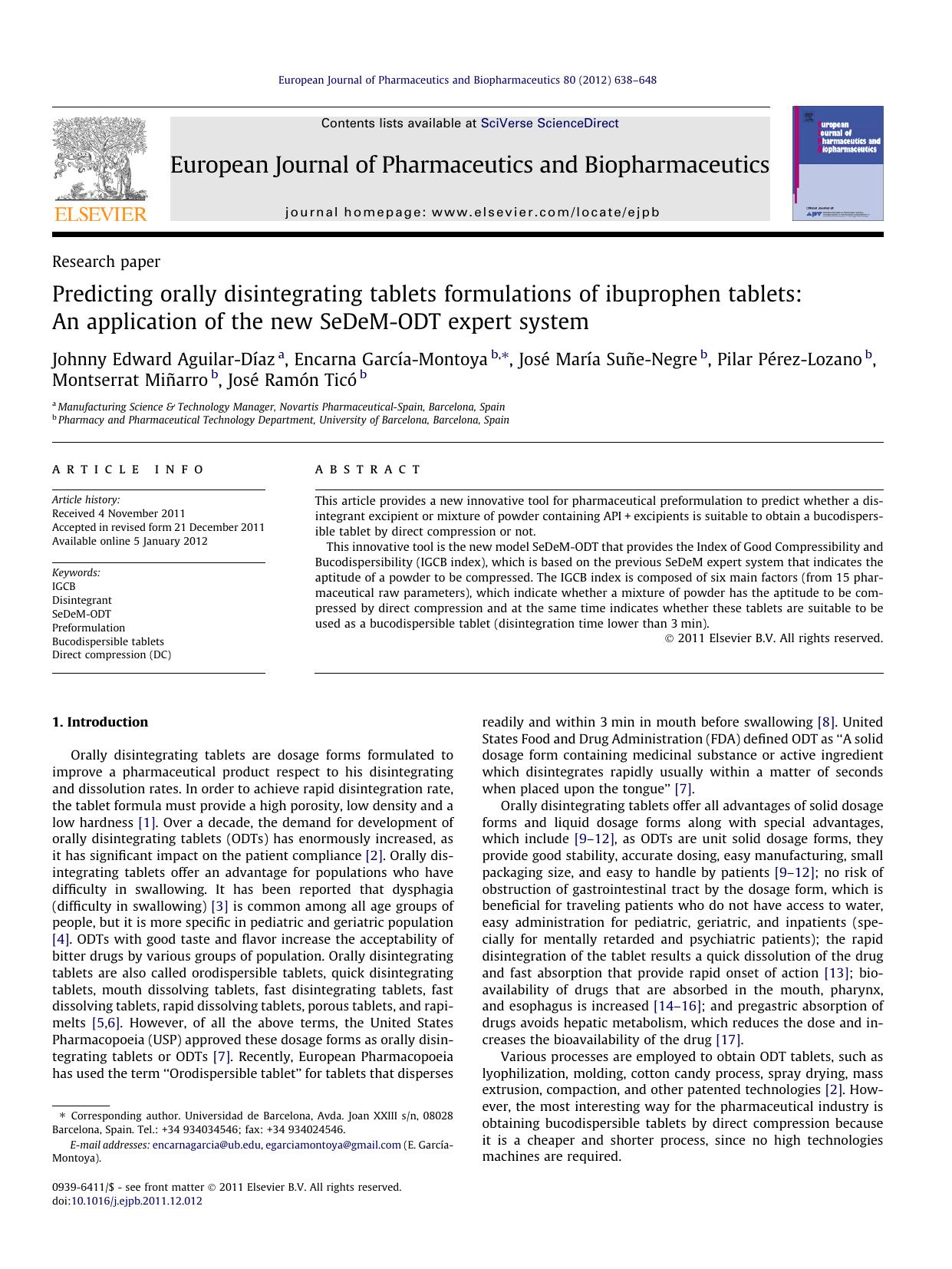 Predicting orally disintegrating tablets formulations of ibuprophen tablets: An application of the new SeDeM-ODT expert system by unknow