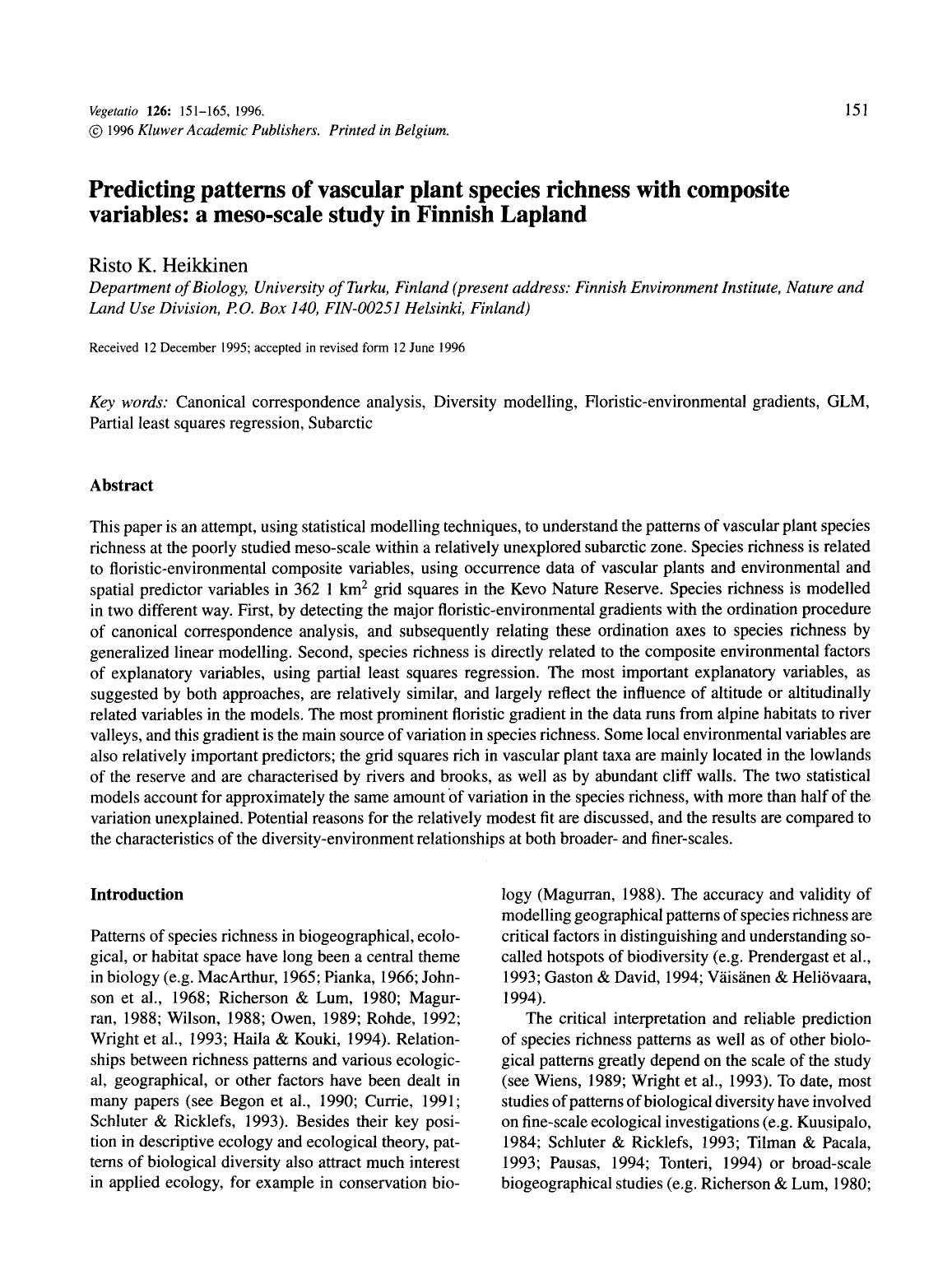 Predicting patterns of vascular plant species richness with composite variables: a meso-scale study in Finnish Lapland by Unknown