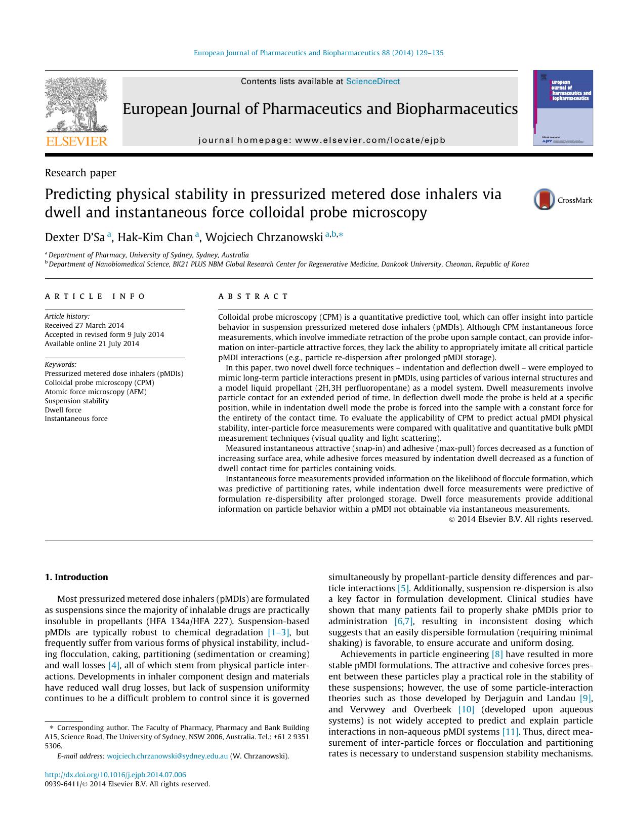 Predicting physical stability in pressurized metered dose inhalers via dwell and instantaneous force colloidal probe microscopy by Dexter Dâ€™Sa & Hak-Kim Chan & Wojciech Chrzanowski