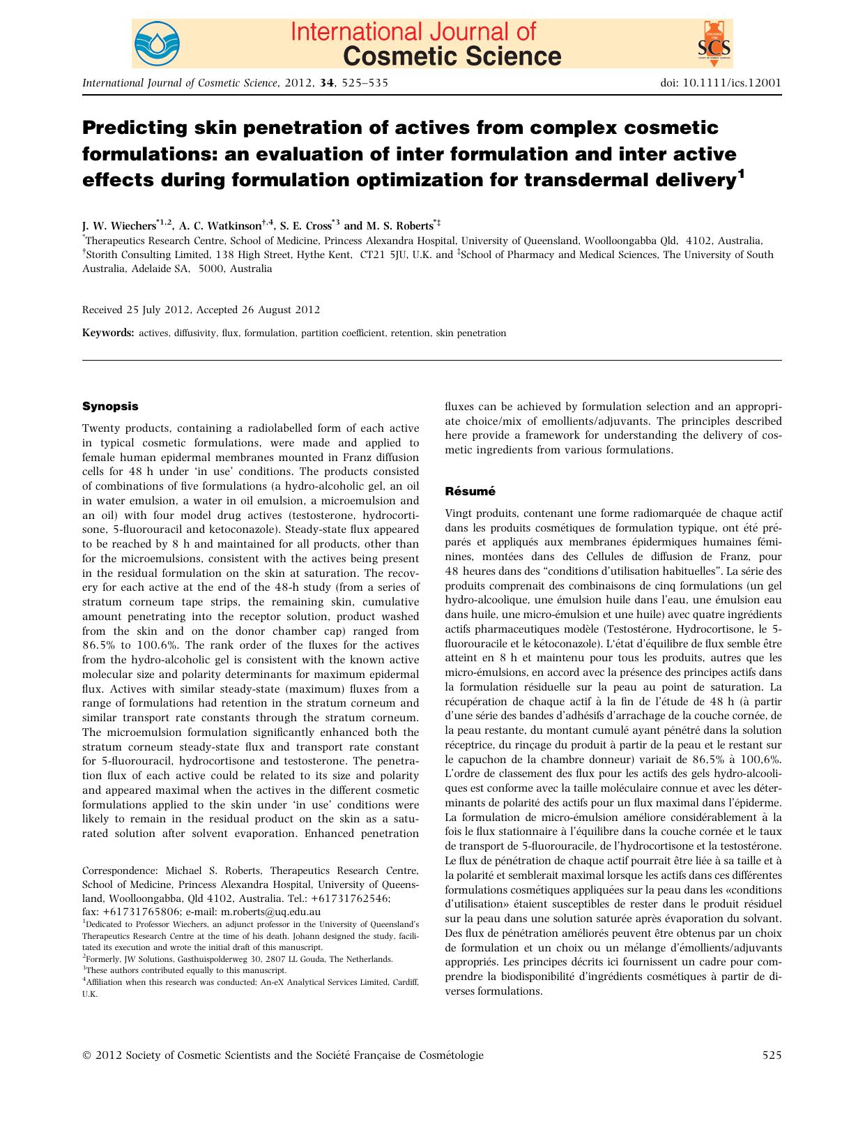 Predicting skin penetration of actives from complex cosmetic formulations: an evaluation of inter formulation and inter active effects during formulation optimization for transdermal delivery by Unknown