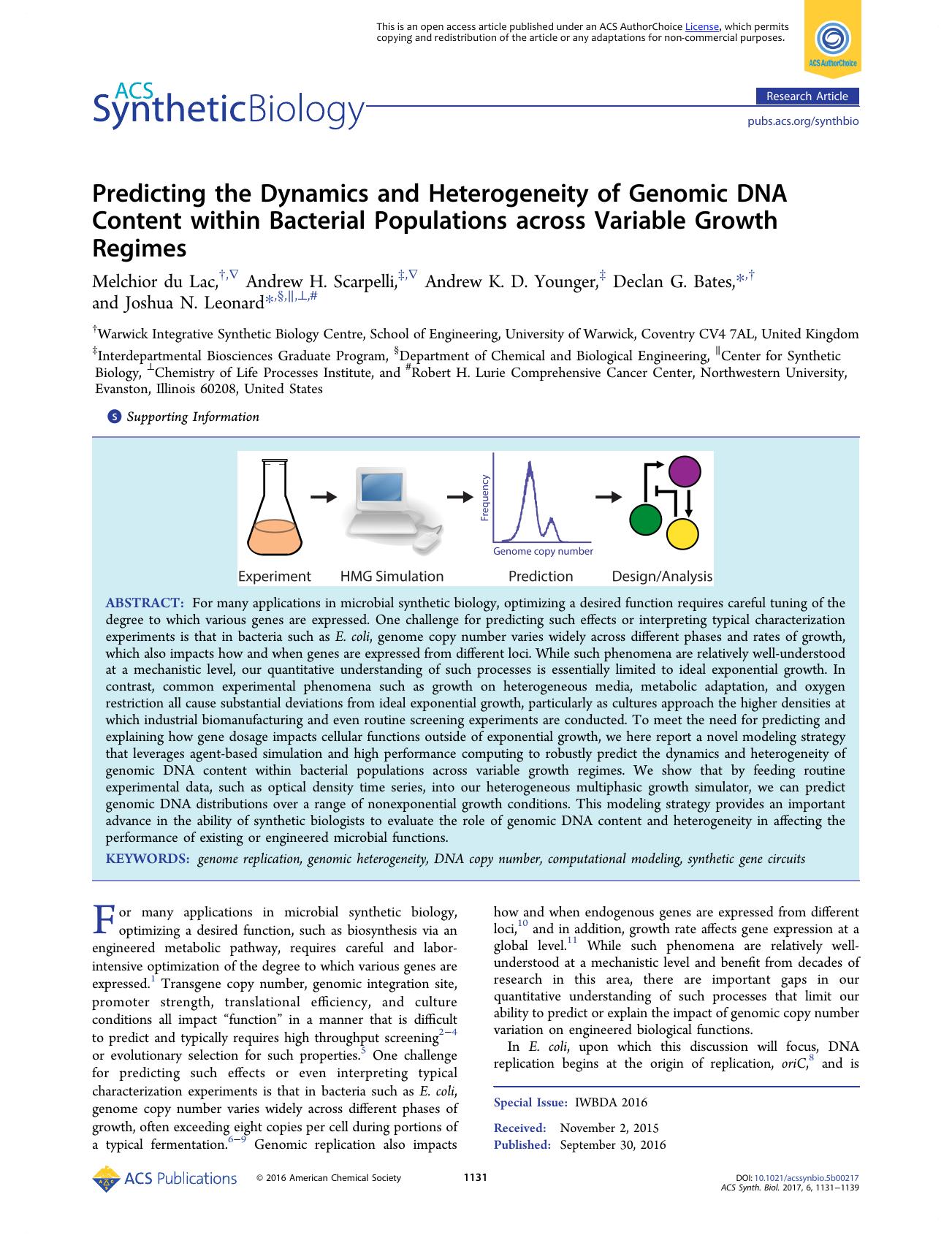 Predicting the Dynamics and Heterogeneity of Genomic DNA Content within Bacterial Populations across Variable Growth Regimes by Melchior du Lac Andrew H. Scarpelli Declan G. Bates and Joshua N. Leonard