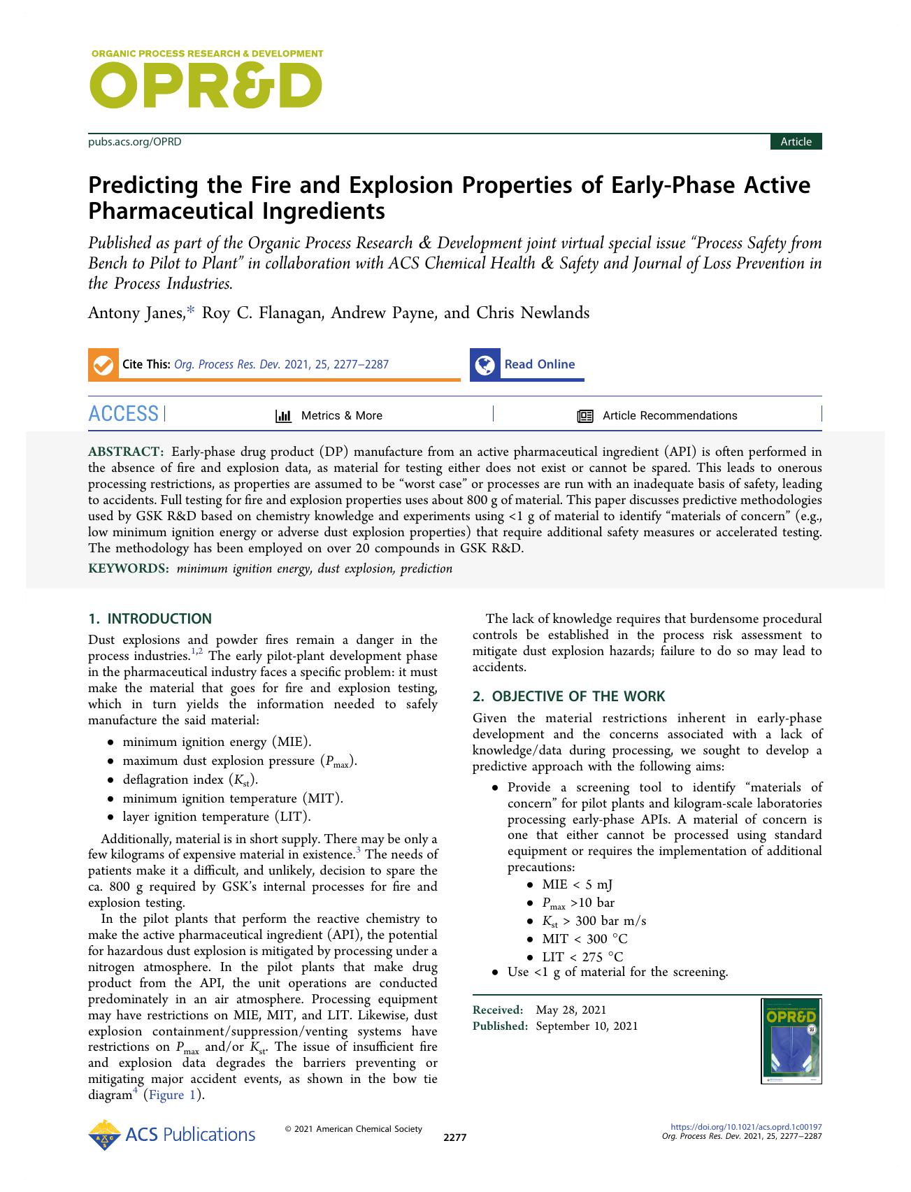 Predicting the Fire and Explosion Properties of Early-Phase Active Pharmaceutical Ingredients by Antony Janes Roy C. Flanagan Andrew Payne and Chris Newlands
