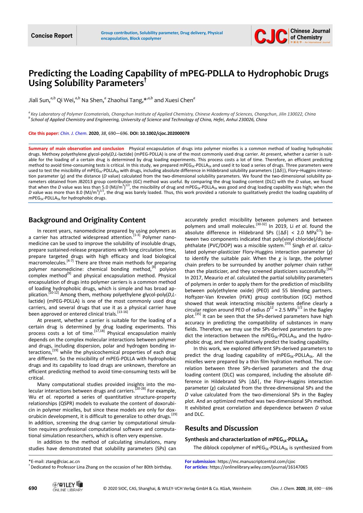 Predicting the Loading Capability of mPEG-PDLLA to Hydrophobic Drugs Using Solubility Parameters by USER