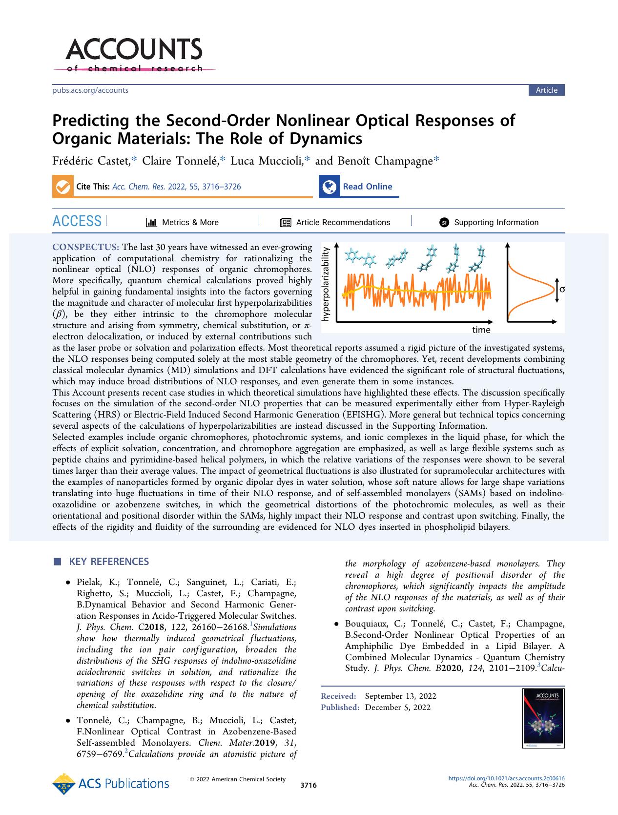 Predicting the Second-Order Nonlinear Optical Responses of Organic Materials: The Role of Dynamics by Frédéric Castet Claire Tonnelé Luca Muccioli and Benoît Champagne