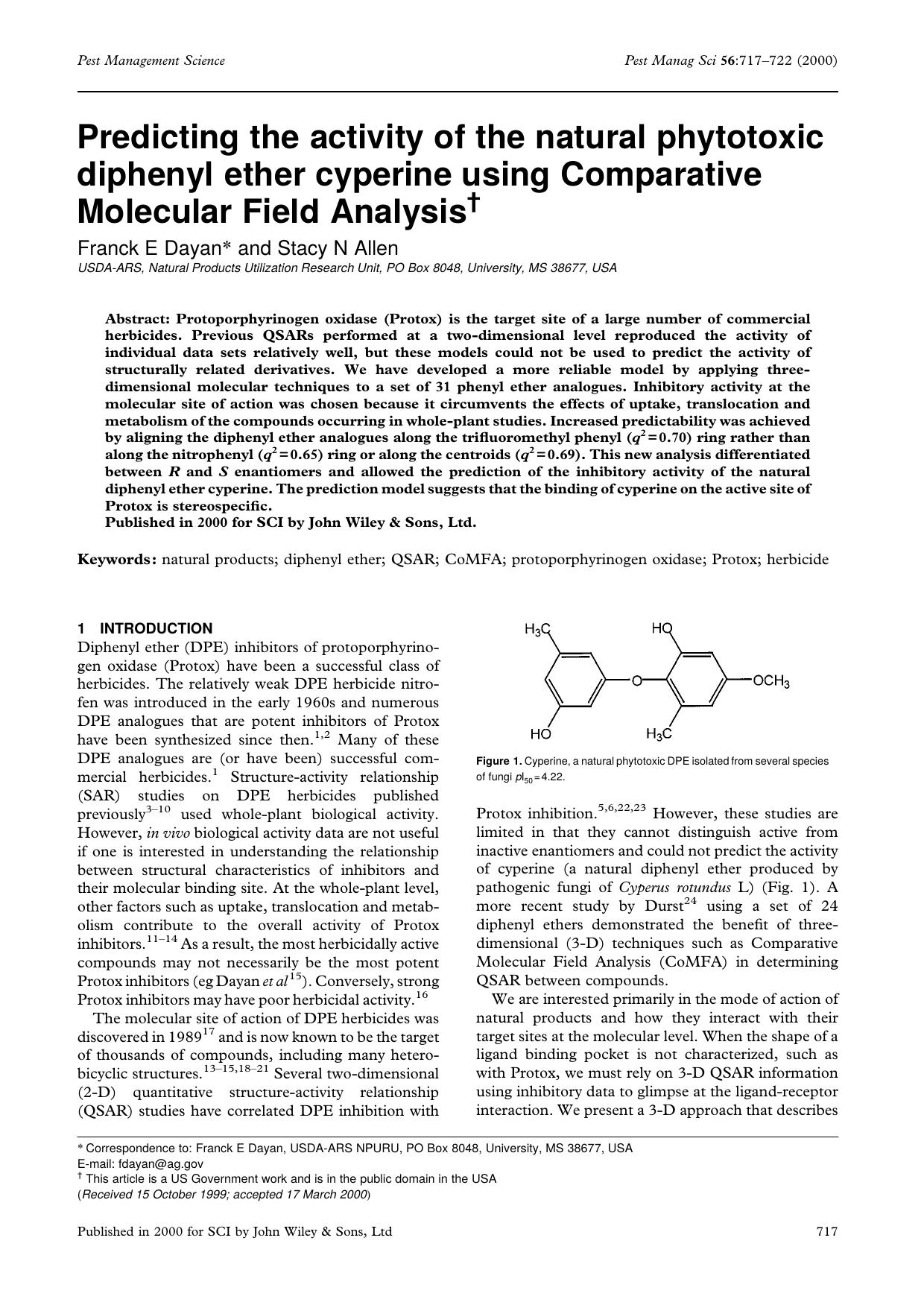 Predicting the activity of the natural phytotoxic diphenyl ether cyperine using Comparative Molecular Field Analysis by Unknown