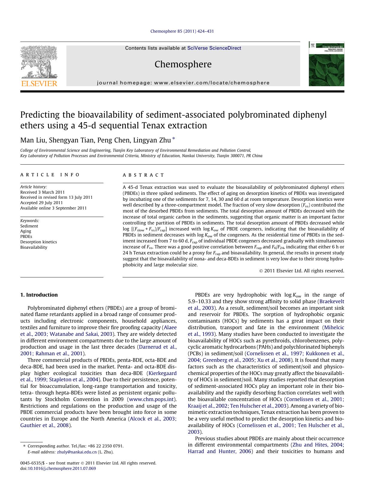 Predicting the bioavailability of sediment-associated polybrominated diphenyl ethers using a 45-d sequential Tenax extraction by Man Liu & Shengyan Tian & Peng Chen & Lingyan Zhu