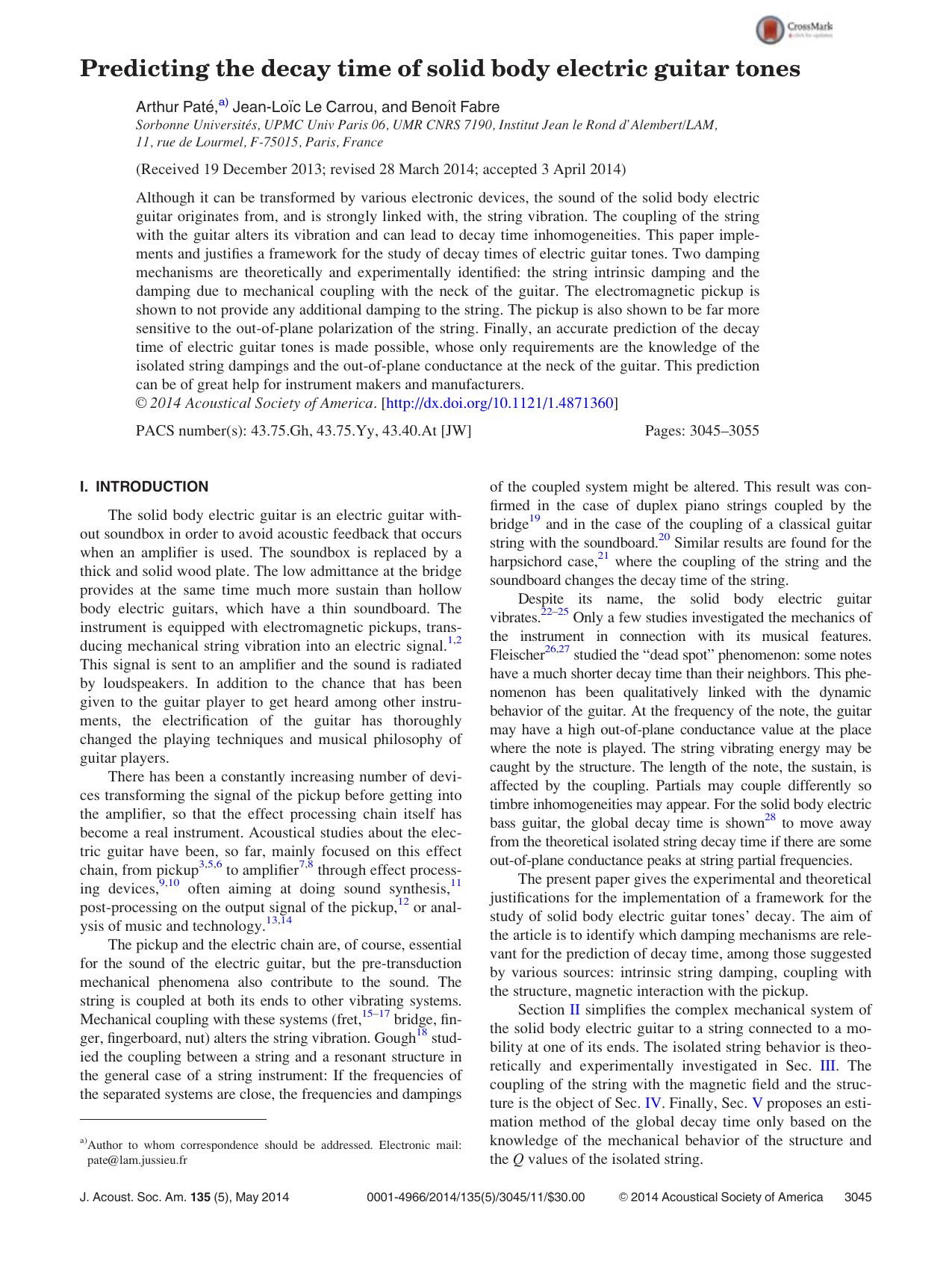 Predicting the decay time of solid body electric guitar tones by Arthur Paté & Jean-Loïc Le Carrou & Benoît Fabre