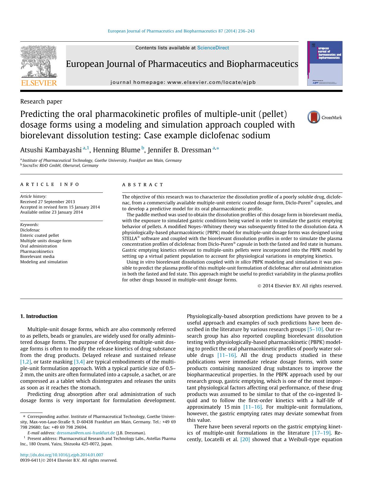 Predicting the oral pharmacokinetic profiles of multiple-unit (pellet) dosage forms using a modeling and simulation approach coupled with biorelevant dissolution testing: Case exam by Atsushi Kambayashi & Henning Blume & Jennifer B. Dressman