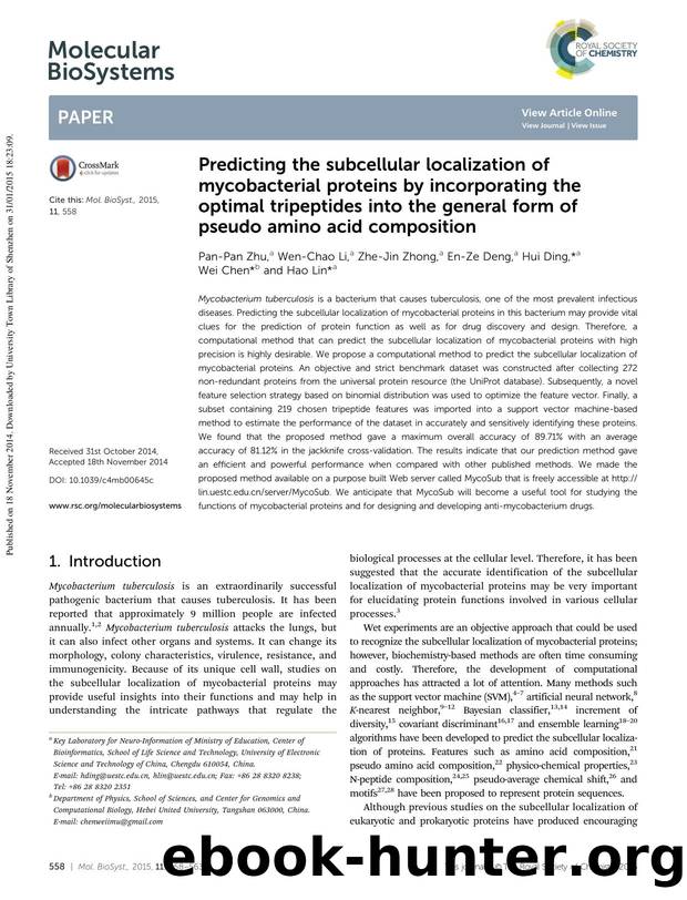 Predicting the subcellular localization of mycobacterial proteins by incorporating the optimal tripeptides into the general form of pseudo amino acid composition by Pan-Pan Zhu & Wen-Chao Li & Zhe-Jin Zhong & En-Ze Deng & Hui Ding & Wei Chen & Hao Lin