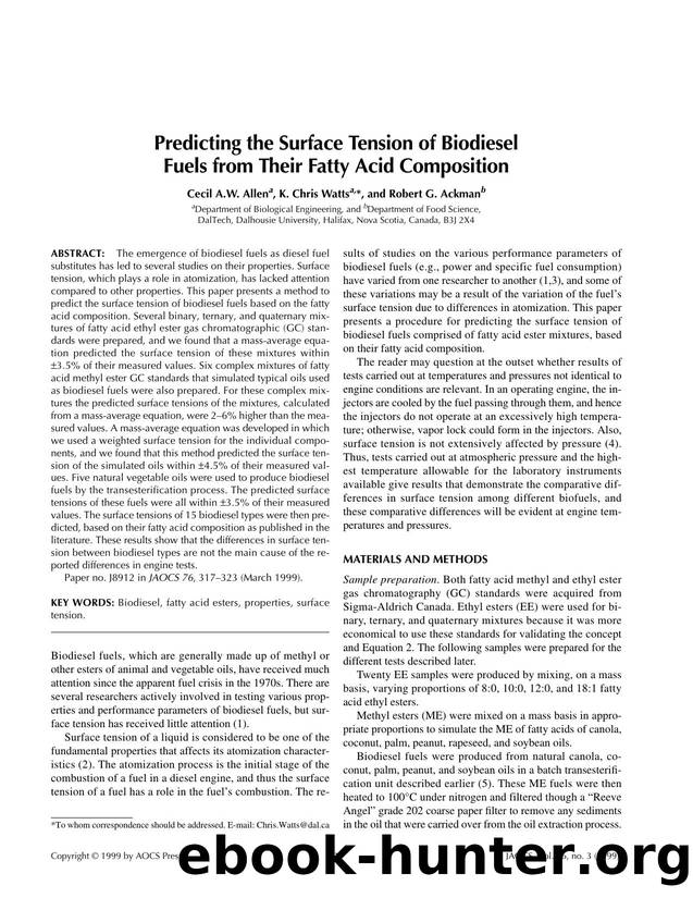 Predicting the surface tension of biodiesel fuels from their fatty acid composition by Unknown