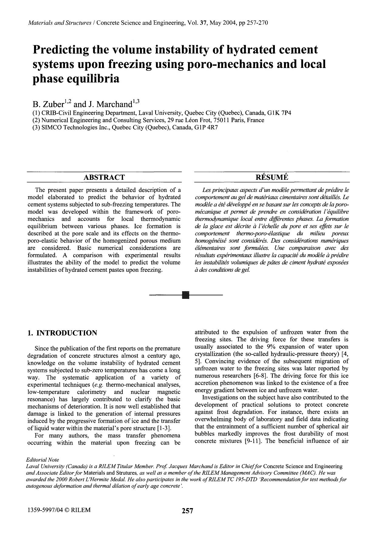 Predicting the volume instability of hydrated cement systems upon freezing using poro-mechanics and local phase equilibria by Unknown