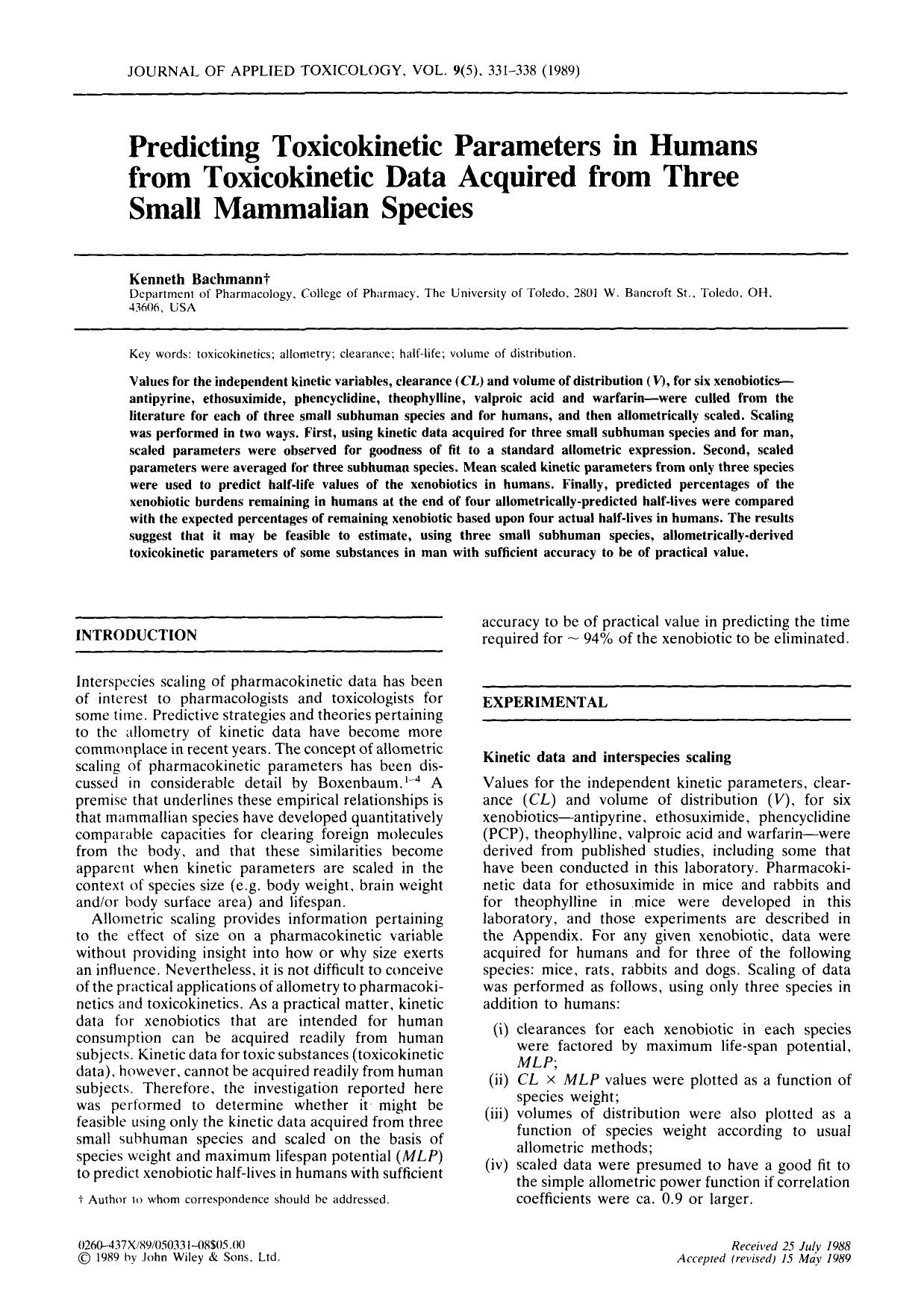 Predicting toxicokinetic parameters in humans from toxicokinetic data acquired from three small mammalian species by Unknown