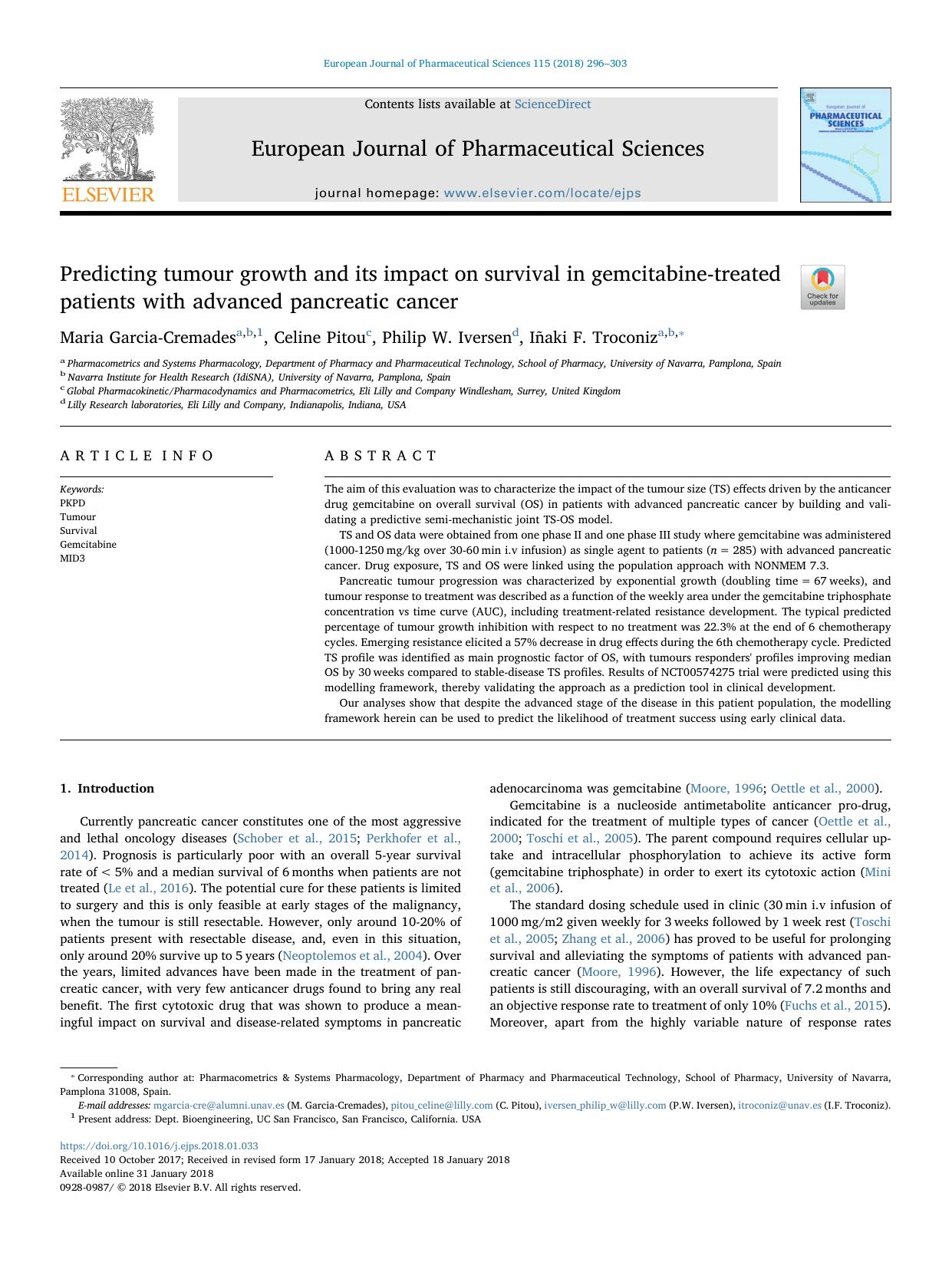 Predicting tumour growth and its impact on survival in gemcitabine-treated patients with advanced pancreatic cancer by Maria Garcia-Cremades