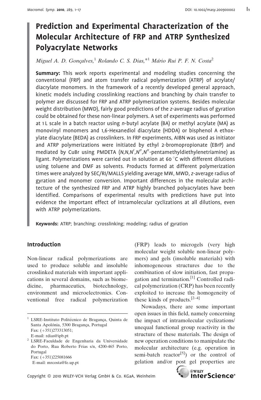 Prediction and Experimental Characterization of the Molecular Architecture of FRP and ATRP Synthesized Polyacrylate Networks by Unknown
