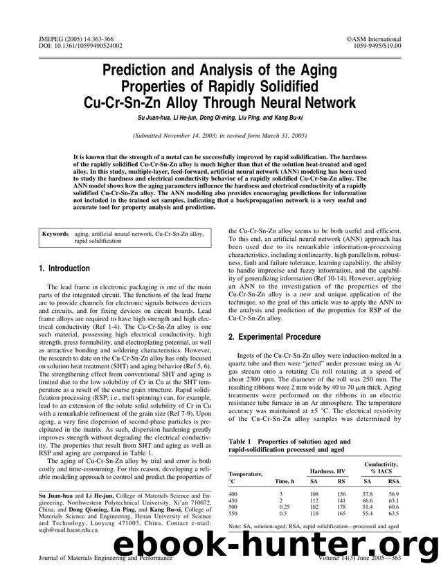 Prediction and analysis of the aging properties of rapidly solidified Cu-Cr-Sn-Zn alloy through neural network by Unknown