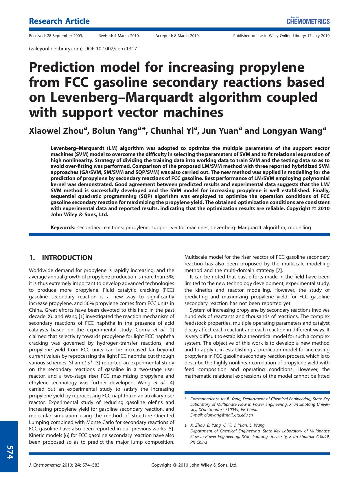 Prediction model for increasing propylene from FCC gasoline secondary reactions based on Levenberg?Marquardt algorithm coupled with support vector machines by Unknown