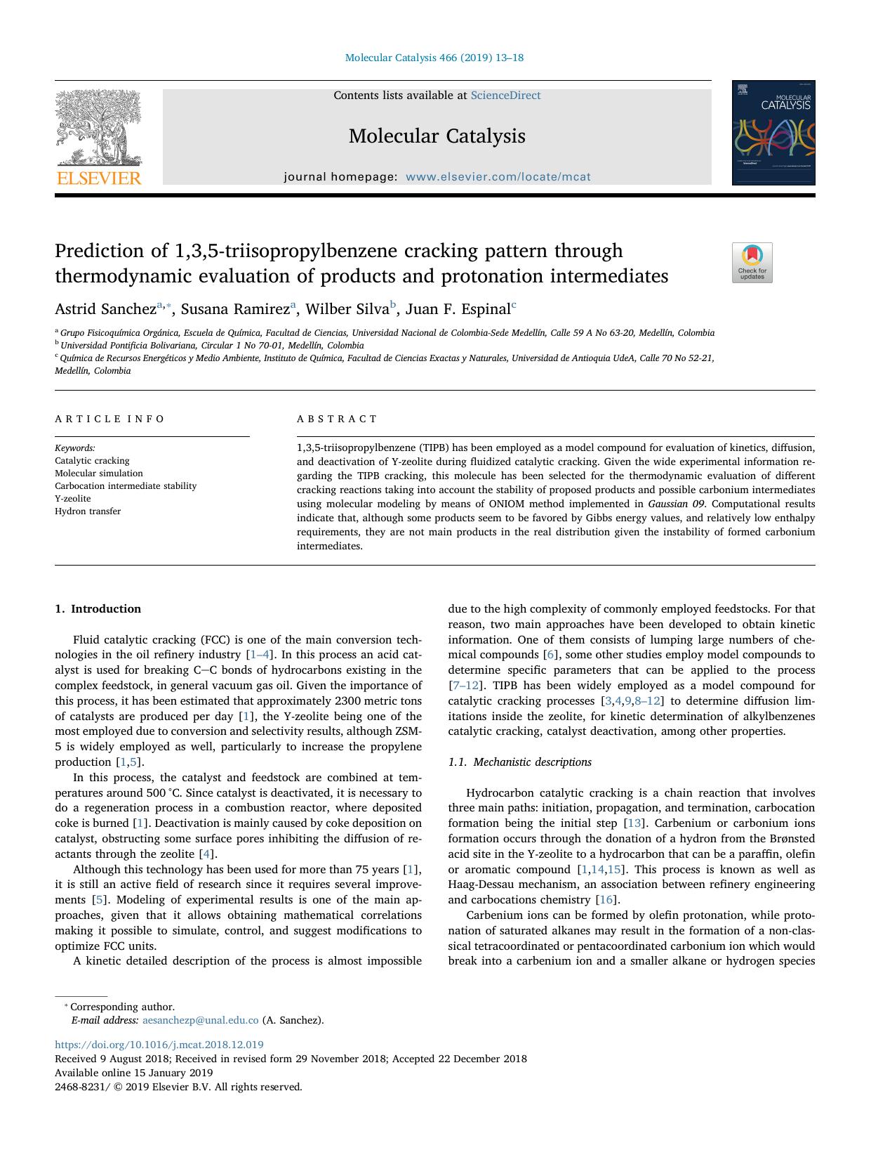 Prediction of 1,3,5-triisopropylbenzene cracking pattern through thermodynamic evaluation of products and protonation intermediates by Astrid Sanchez & Susana Ramirez & Wilber Silva & Juan F. Espinal
