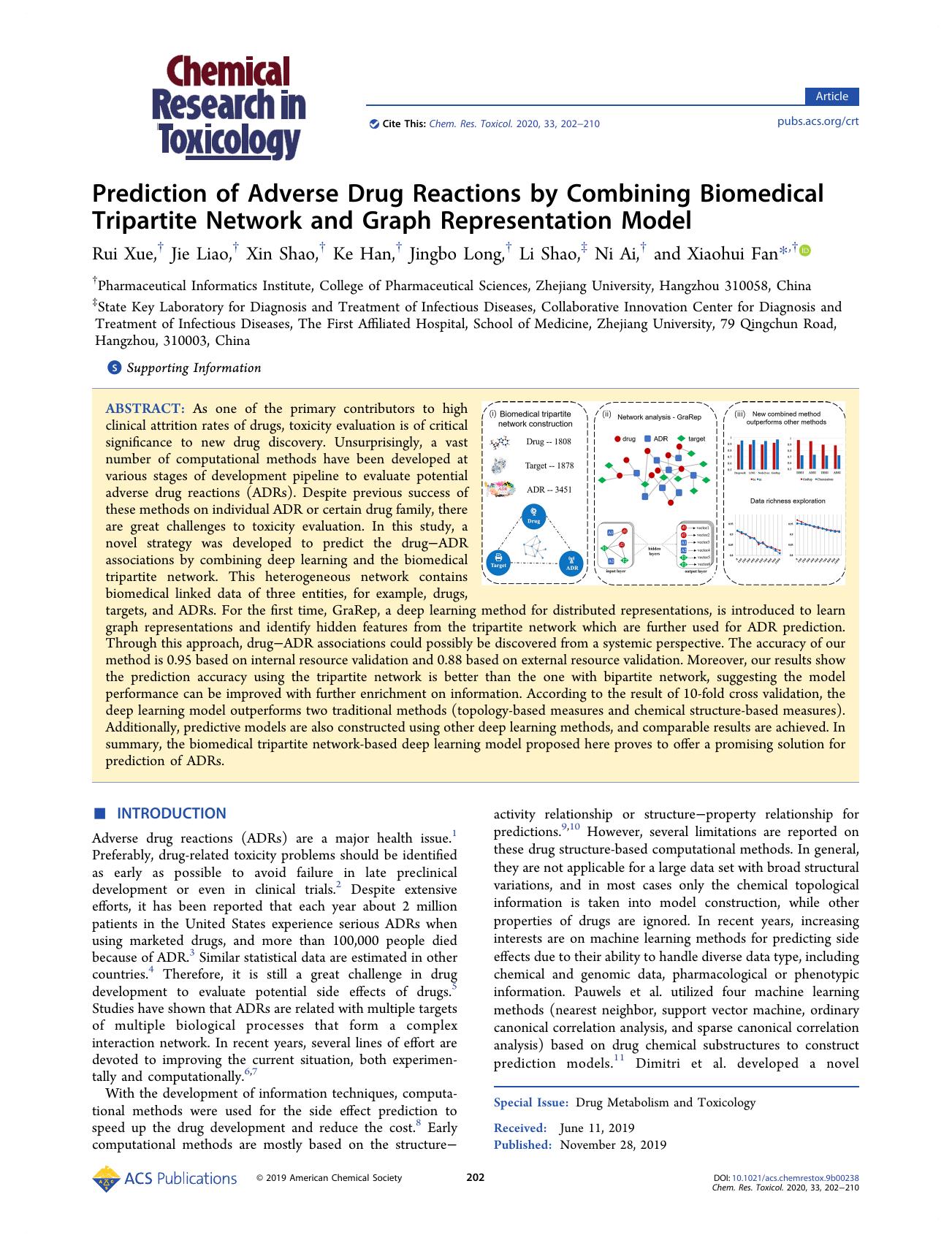 Prediction of Adverse Drug Reactions by Combining Biomedical Tripartite Network and Graph Representation Model by Rui Xue Jie Liao Xin Shao Ke Han Jingbo Long Li Shao Ni Ai and Xiaohui Fan